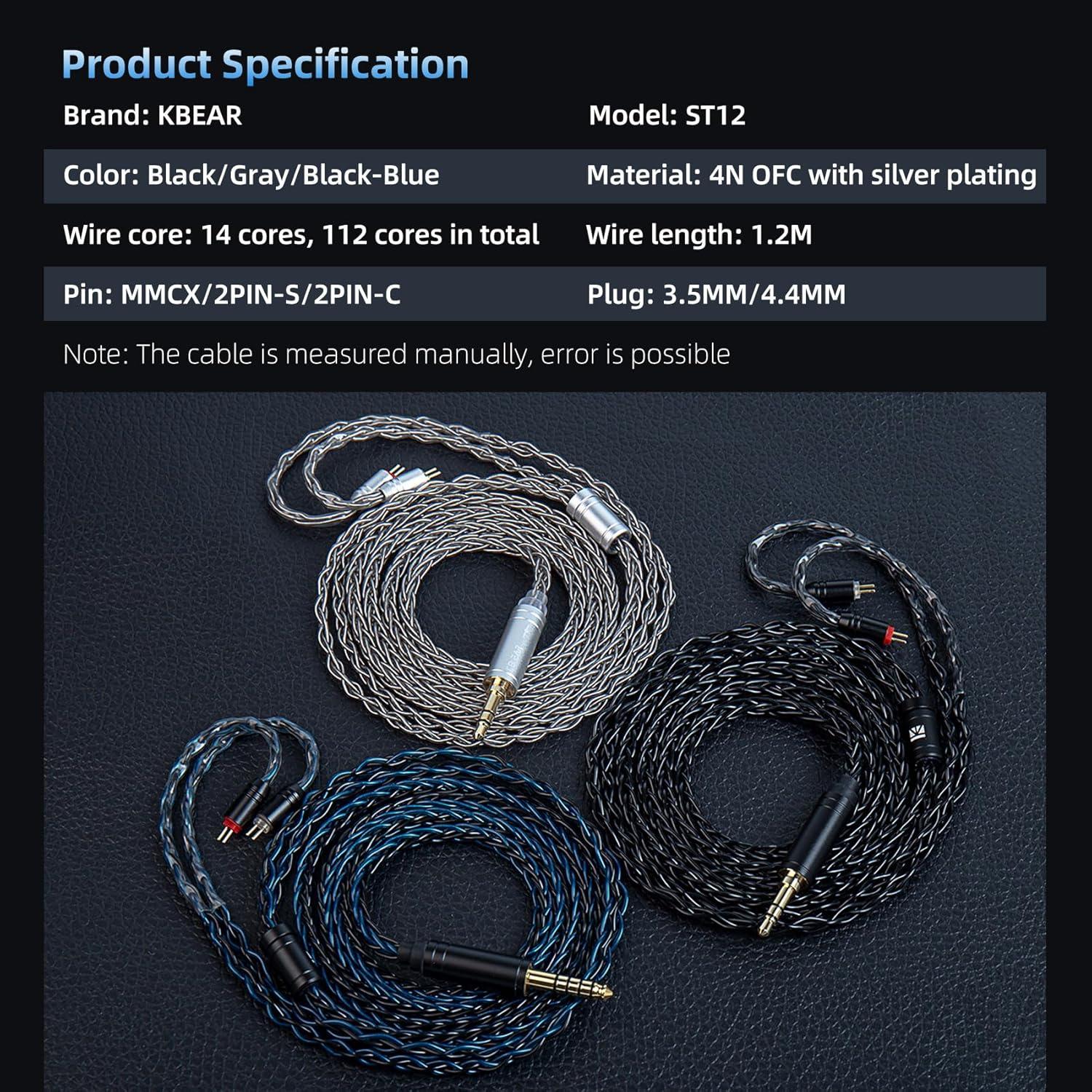 Cable IEM KBEAR ST12 2Pin 3.5mm 8 Núcleos Cobre Baño Plata