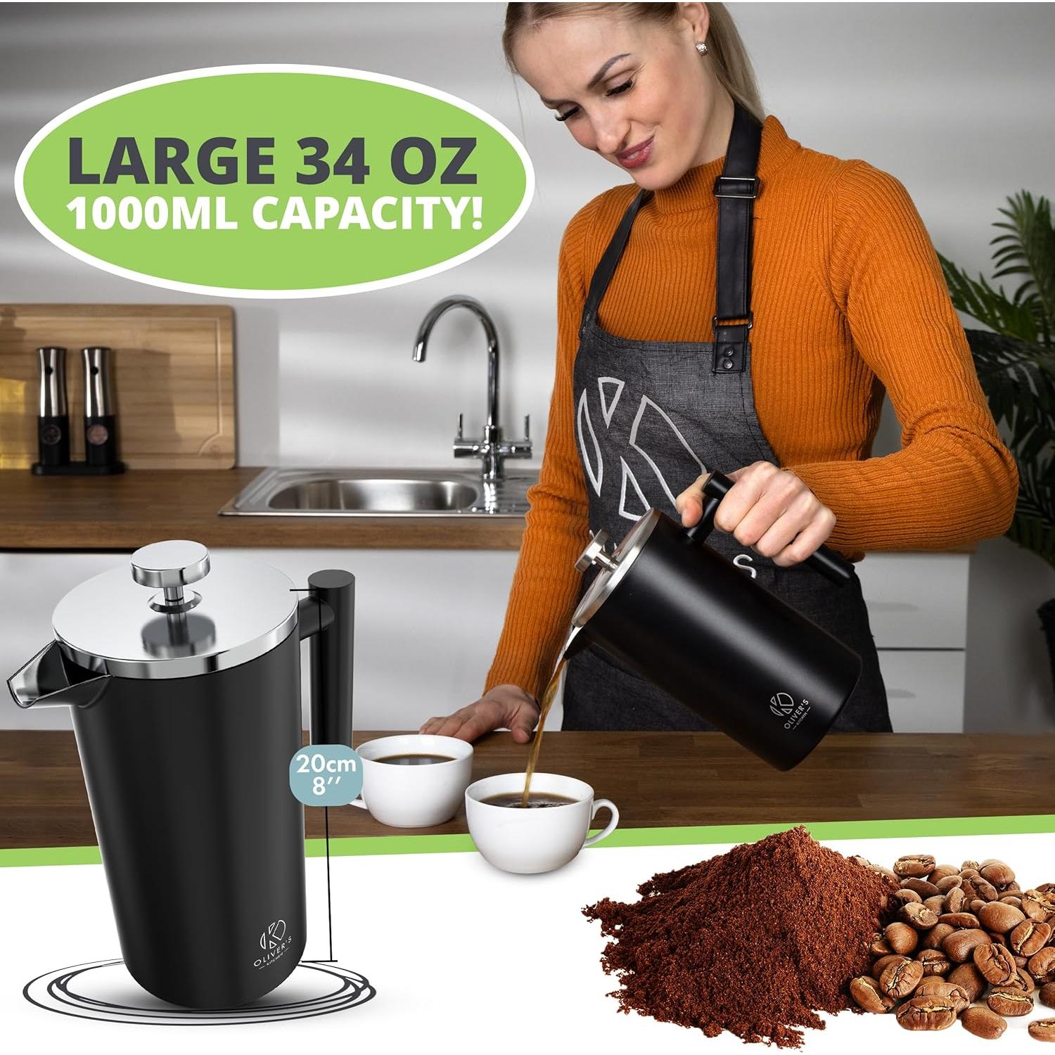 Cafetera Prensa Francesa Oliver's Kitchen 1L Doble Pared Negra