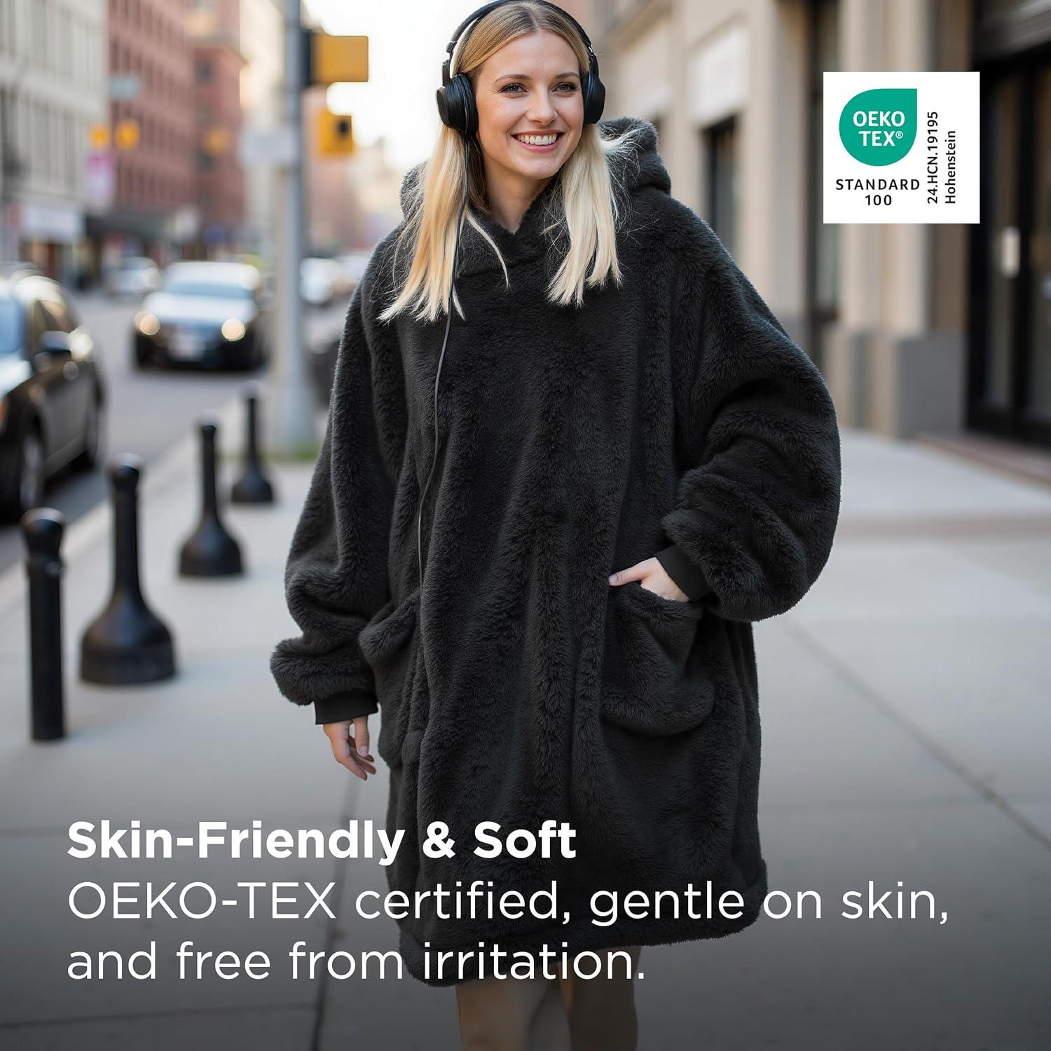 Manta con Capucha Bedsure Grande Carbón 100% Poliéster