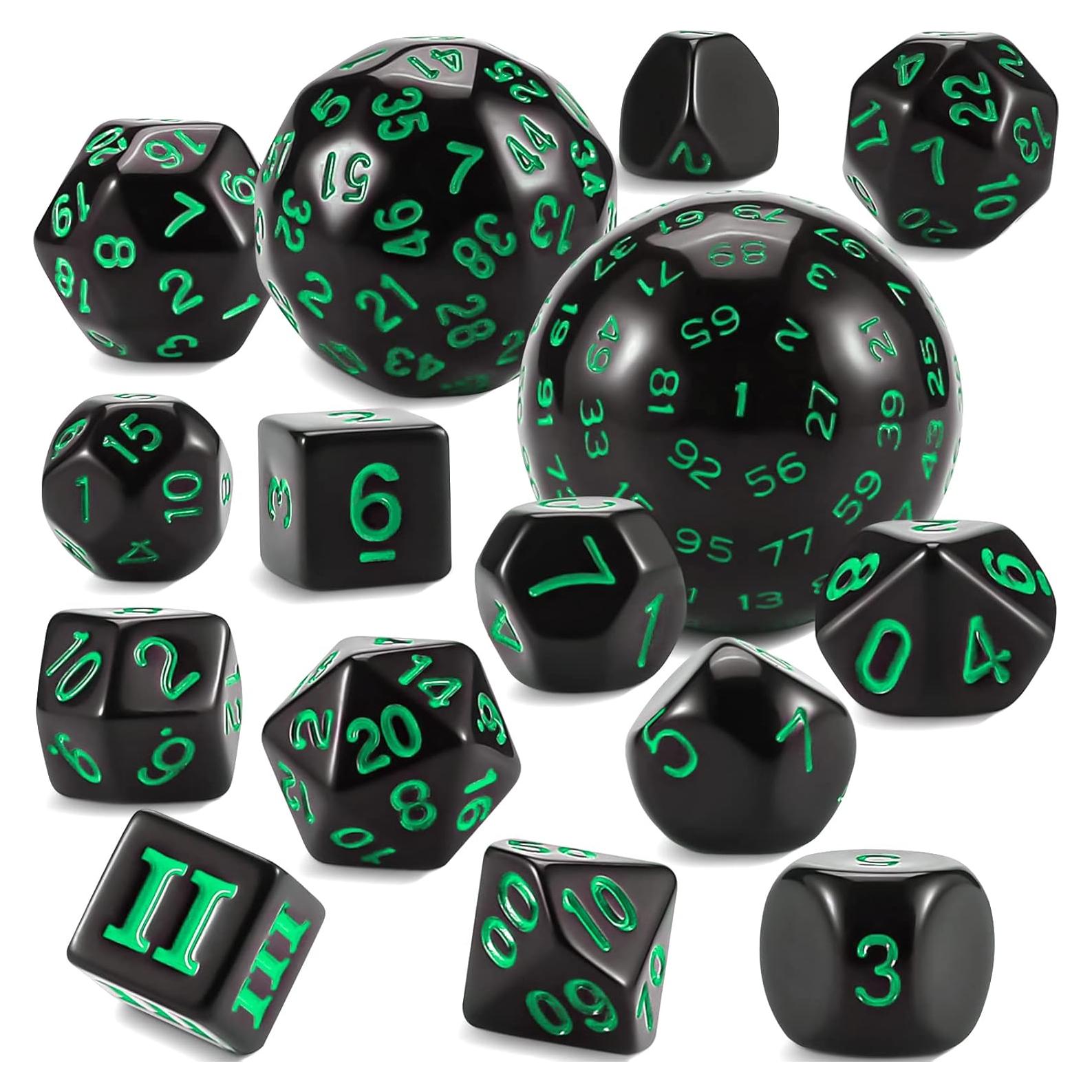 Conjunto de Dados Poliedricos CiaraQ DND 15 Piezas Negro Verde