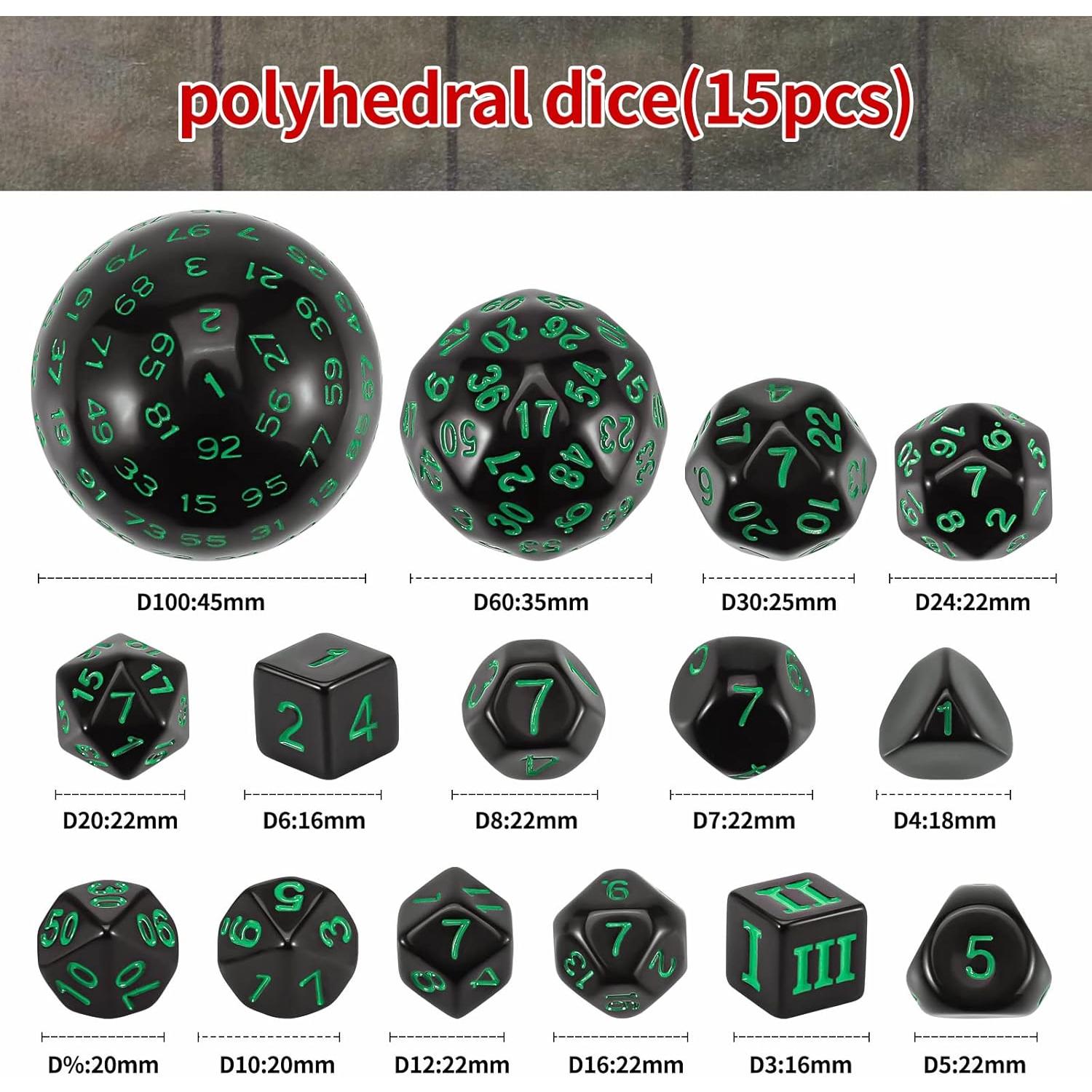 Conjunto de Dados Poliedricos CiaraQ DND 15 Piezas Negro Verde