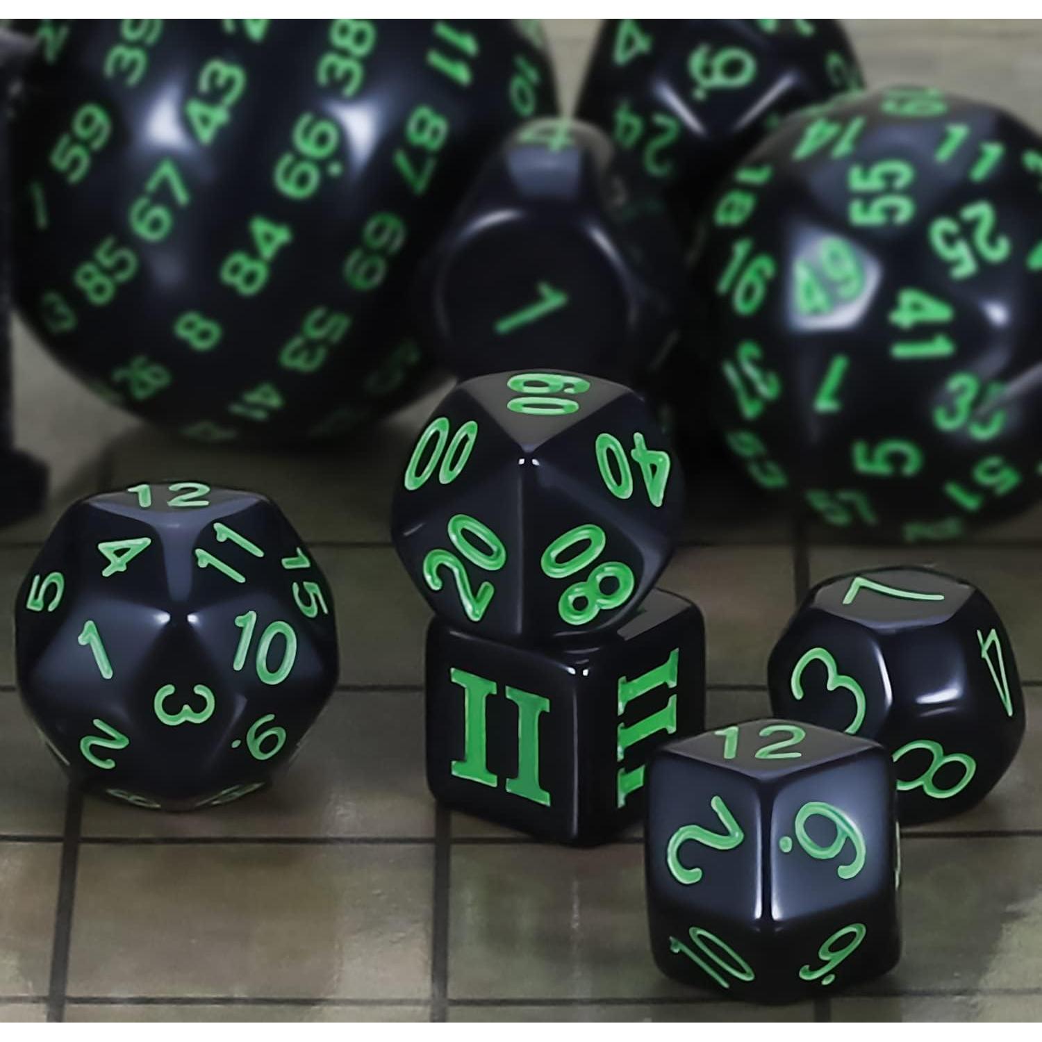 Conjunto de Dados Poliedricos CiaraQ DND 15 Piezas Negro Verde