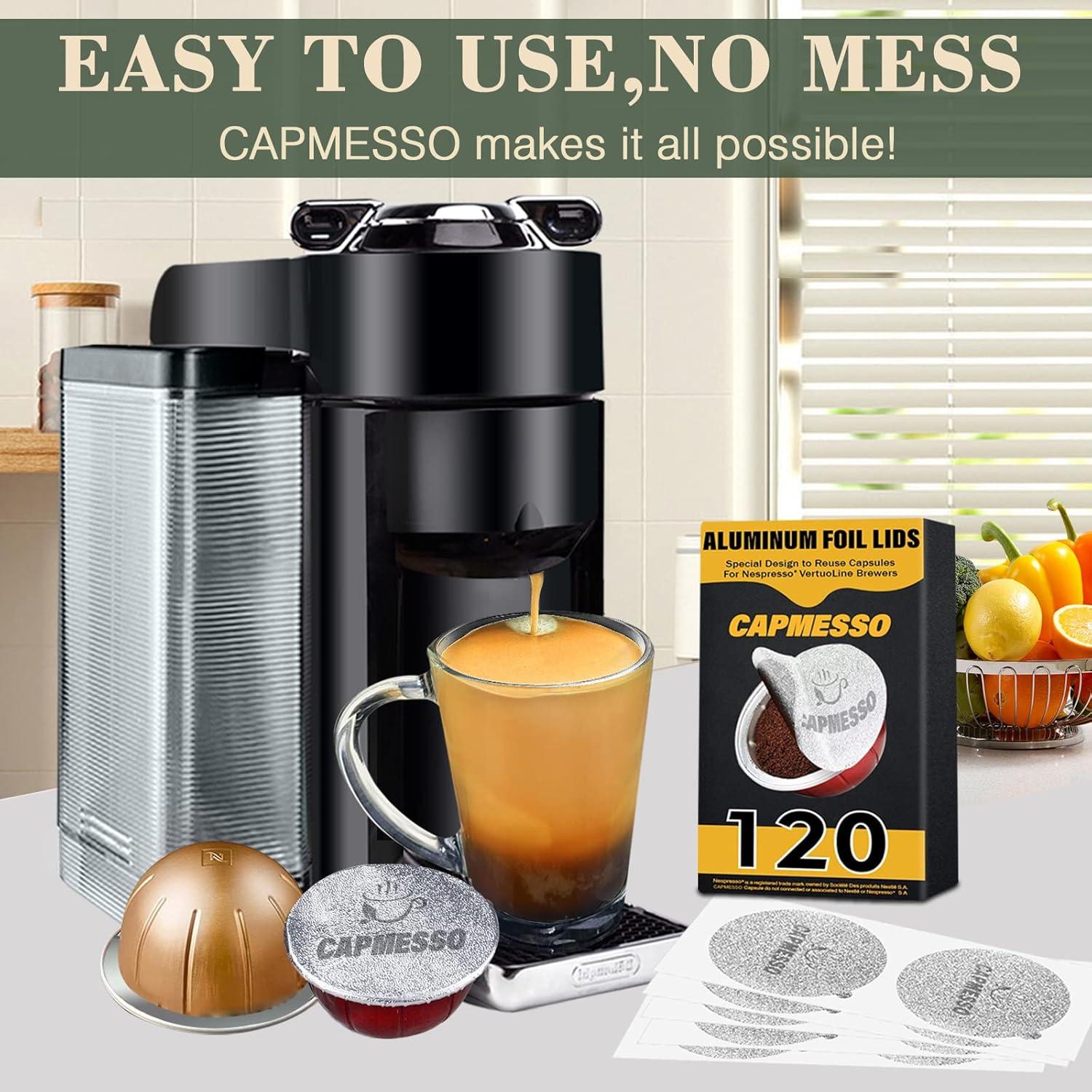 Tapa de Aluminio CAPMESSO para Cápsulas Reutilizables Nespresso Vertuoline - 120 Pcs