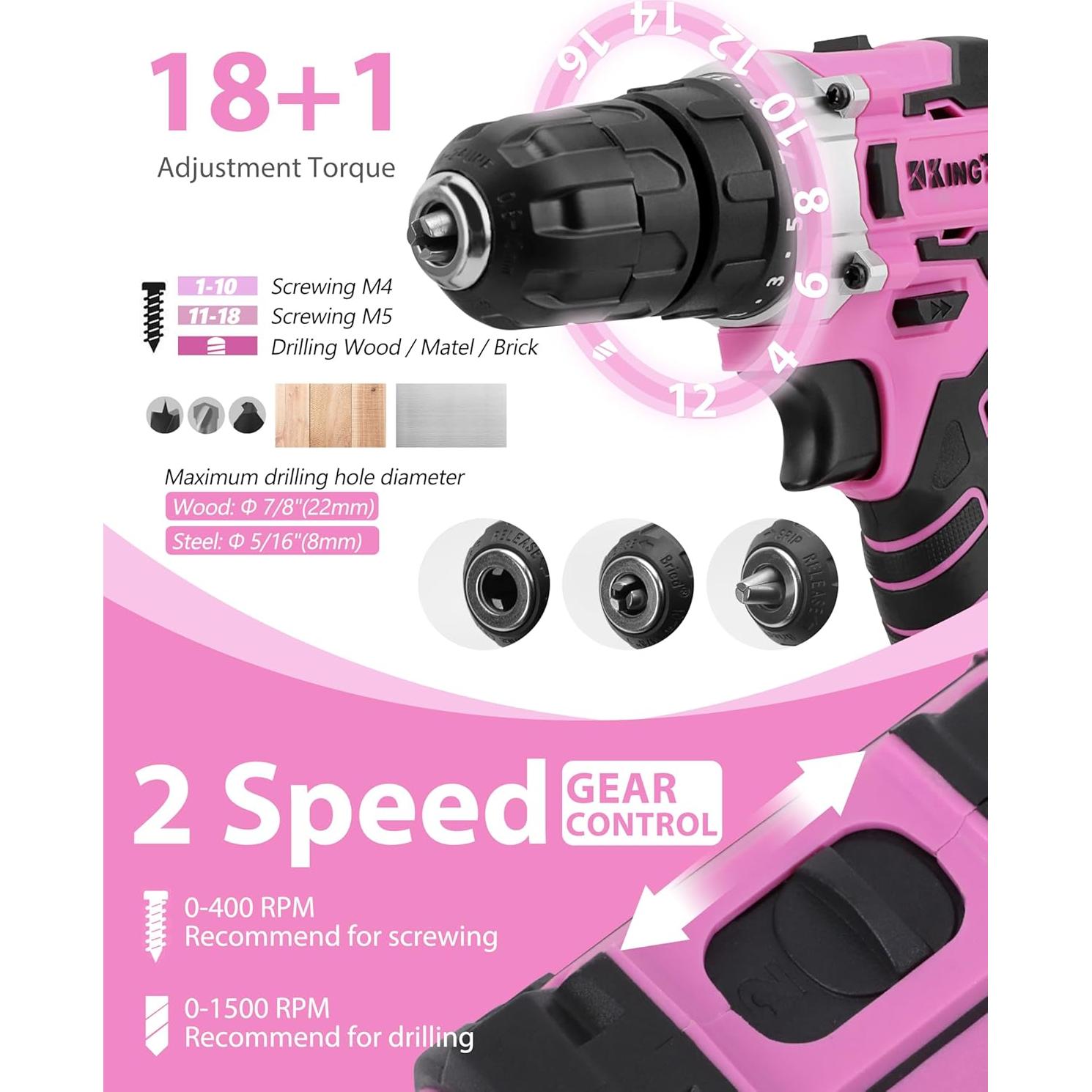 Juego de Herramientas KingTool 267 Piezas Rosa con Taladro 21V