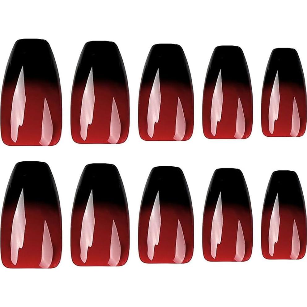 Uñas Postizas Coffin Medianas MISUD 24 pcs Rojo Negro