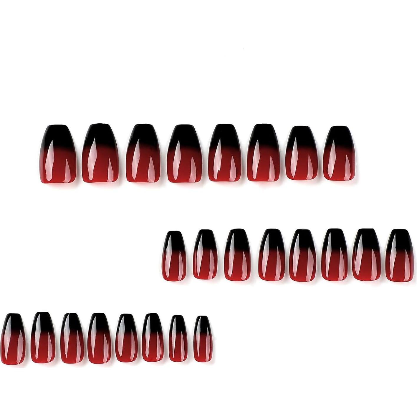 Uñas Postizas Coffin Medianas MISUD 24 pcs Rojo Negro