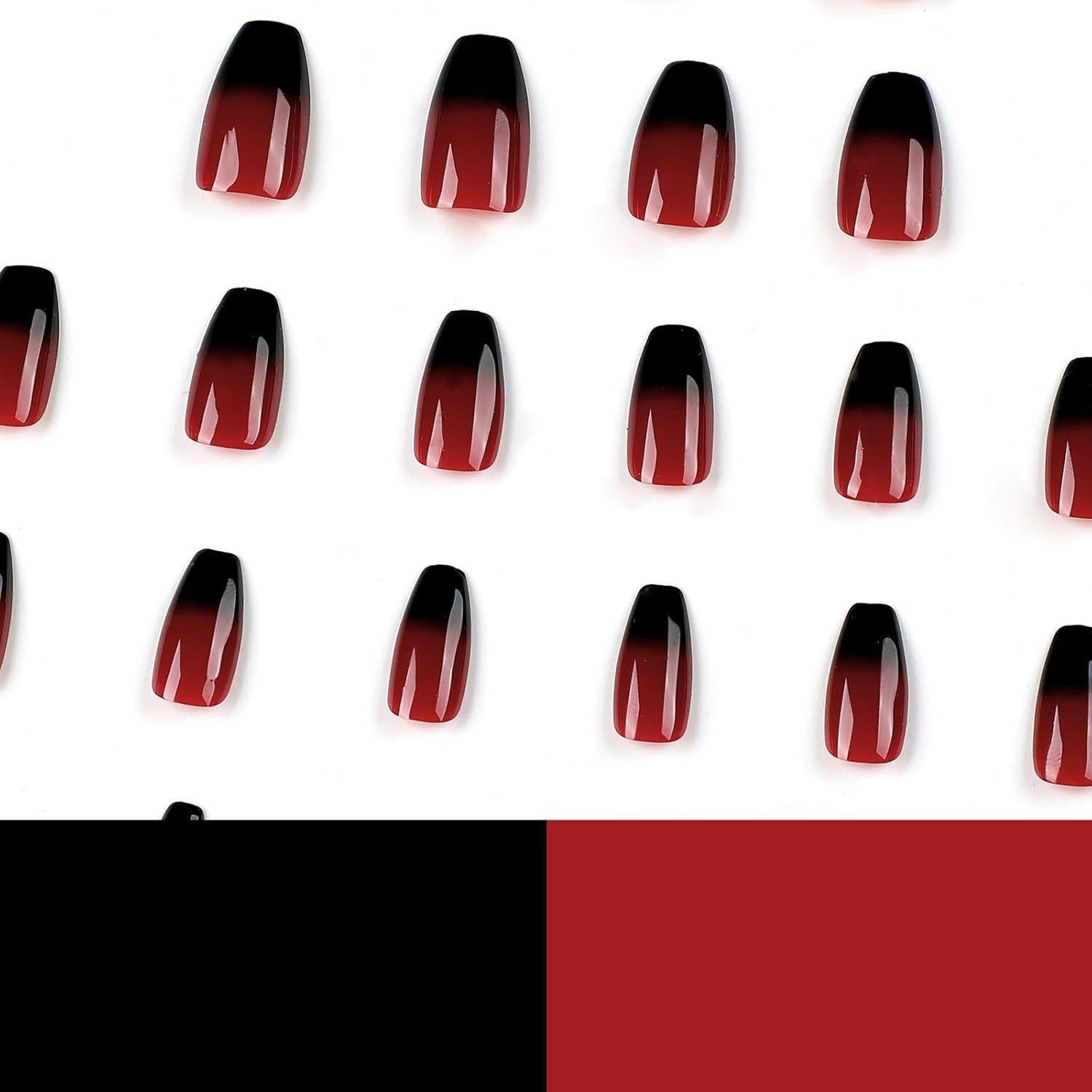 Uñas Postizas Coffin Medianas MISUD 24 pcs Rojo Negro