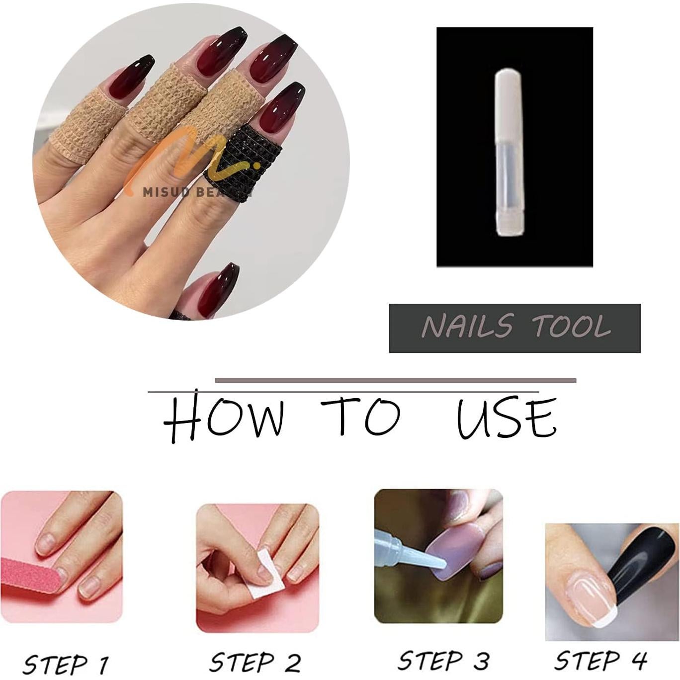 Uñas Postizas Coffin Medianas MISUD 24 pcs Rojo Negro