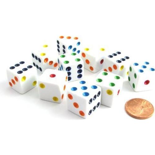 Juego de 10 Dados D6 16mm Blancos con Pips Multicolores Koplow