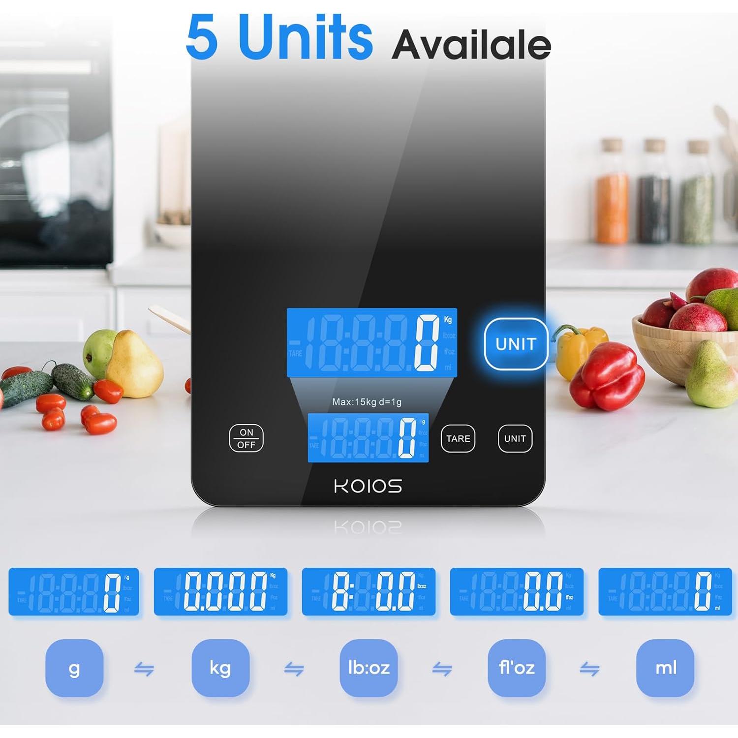 Balanza de Cocina Digital KOIOS K68 15kg LCD Tare Negra