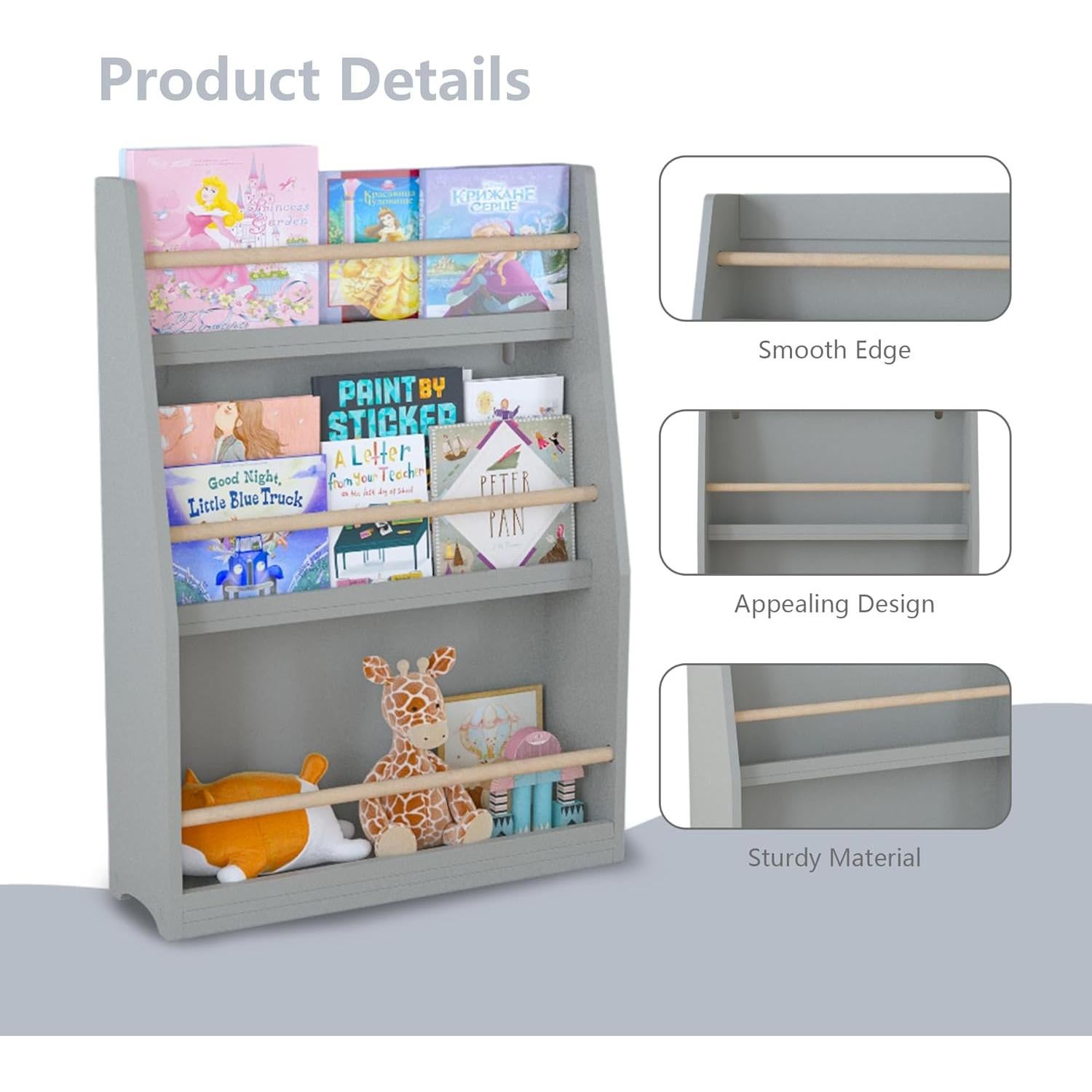 Estantería de Libros Montessori Genérico 3 Niveles Gris 58x18x80cm