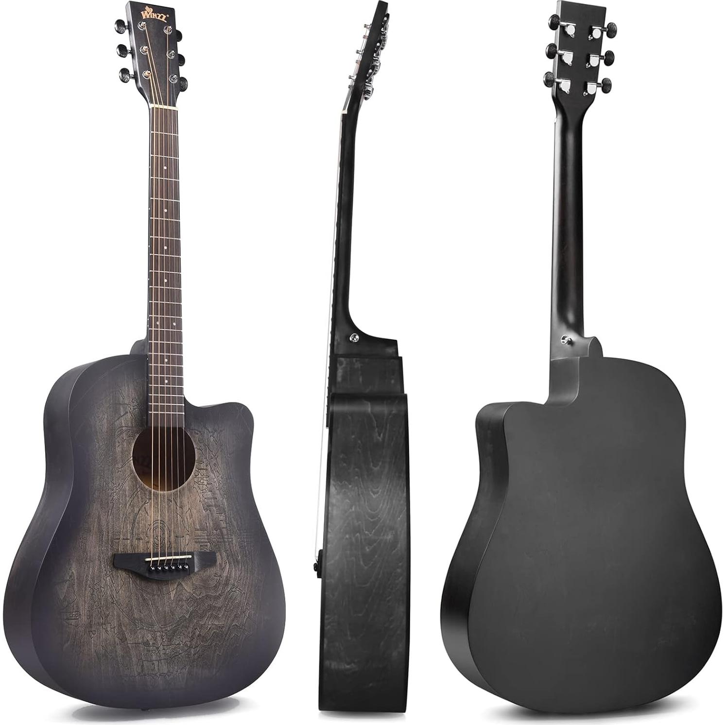 Guitarra Acústica Winzz 41" Diestro Negro Tallado con Kit Completo