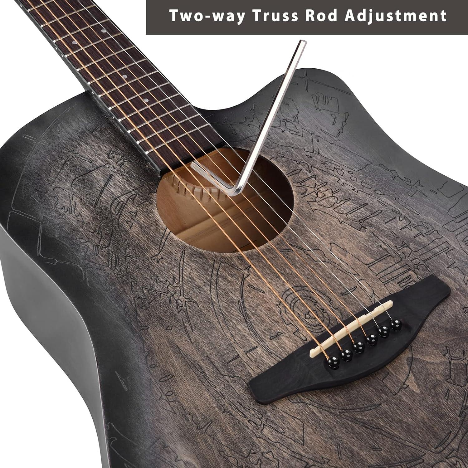 Guitarra Acústica Winzz 41" Diestro Negro Tallado con Kit Completo