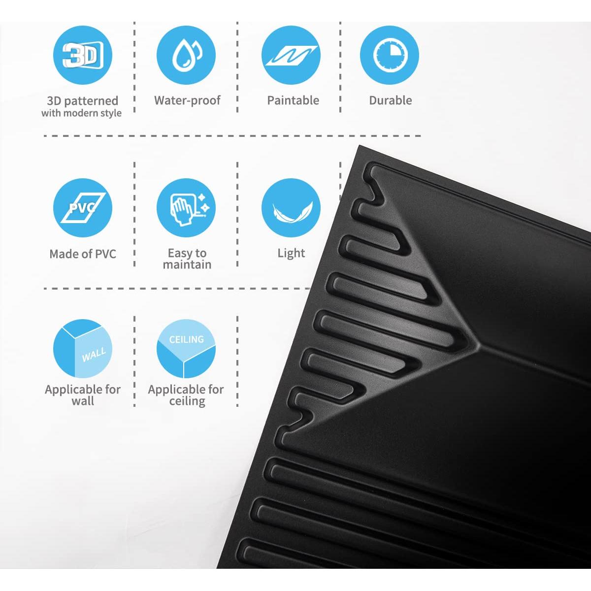 Paneles de Pared 3D PVC Art3dwallpanels 50x50cm Negro - Paquete de 12