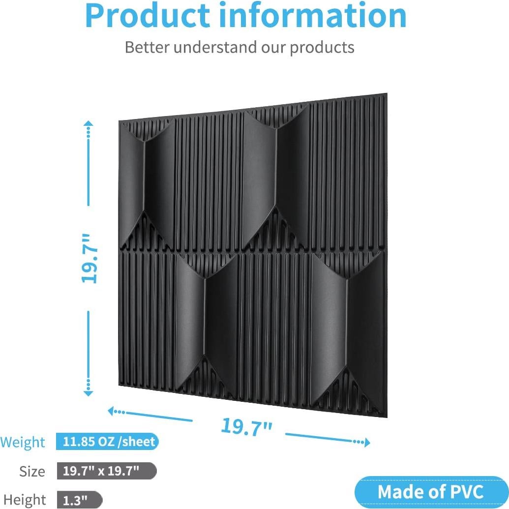 Paneles de Pared 3D PVC Art3dwallpanels 50x50cm Negro - Paquete de 12
