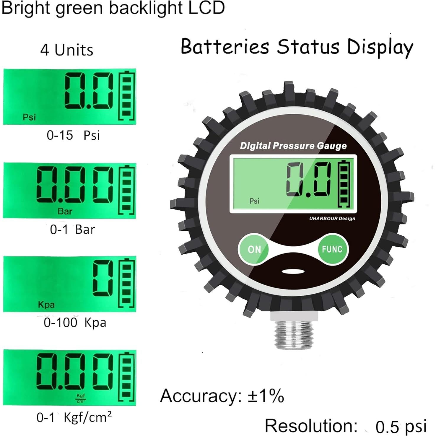 Manómetro Digital Uharbour 0.35-15 PSI con Protector de Goma