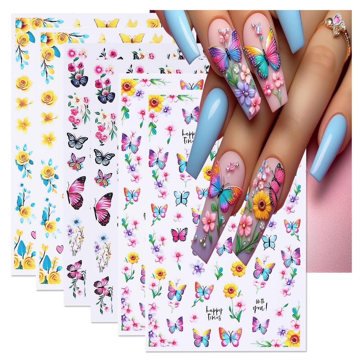 Calcomanías de Uñas 3D POWPOP Flores Mariposa 6 Hojas