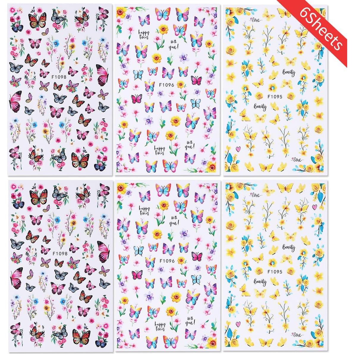 Calcomanías de Uñas 3D POWPOP Flores Mariposa 6 Hojas