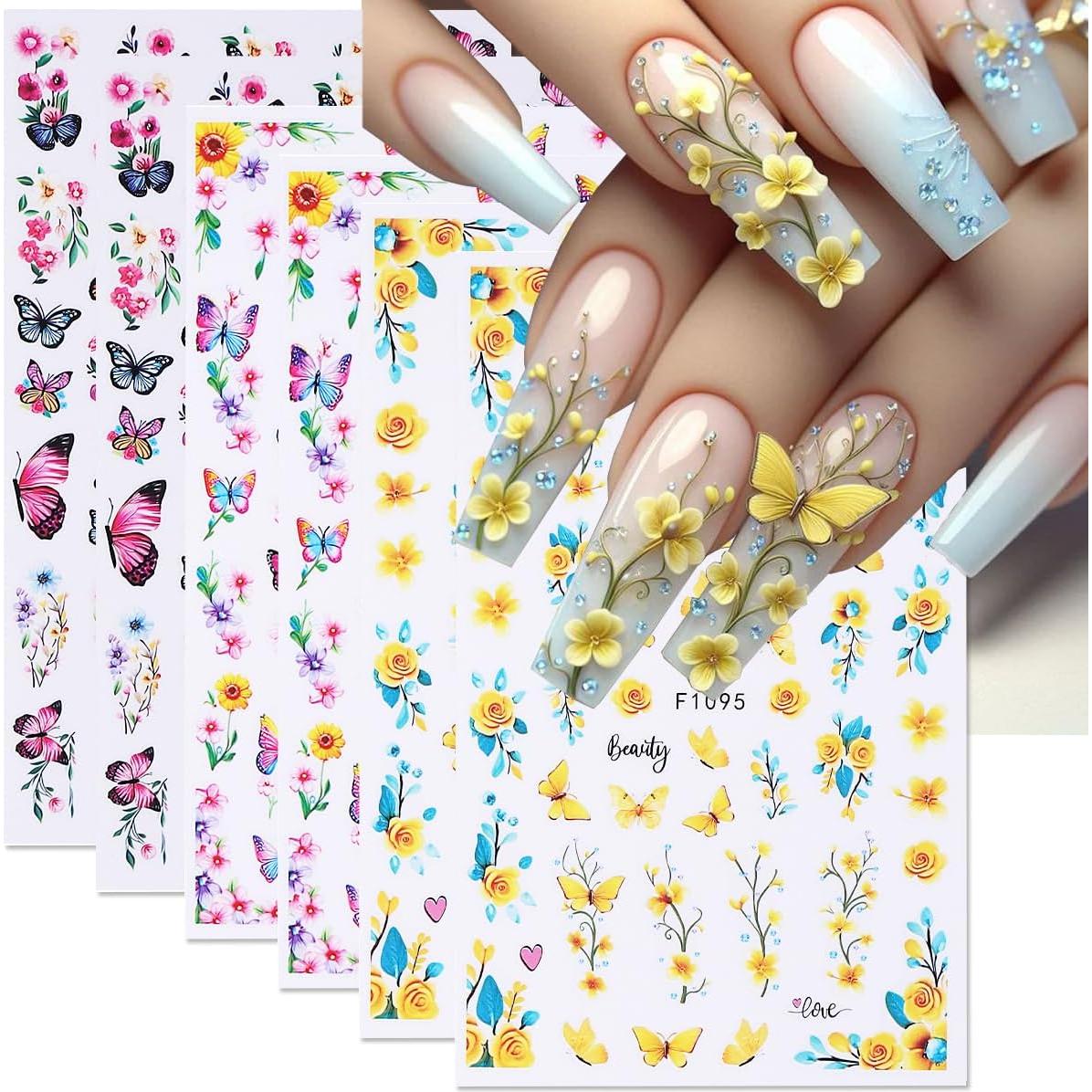 Calcomanías de Uñas 3D POWPOP Flores Mariposa 6 Hojas