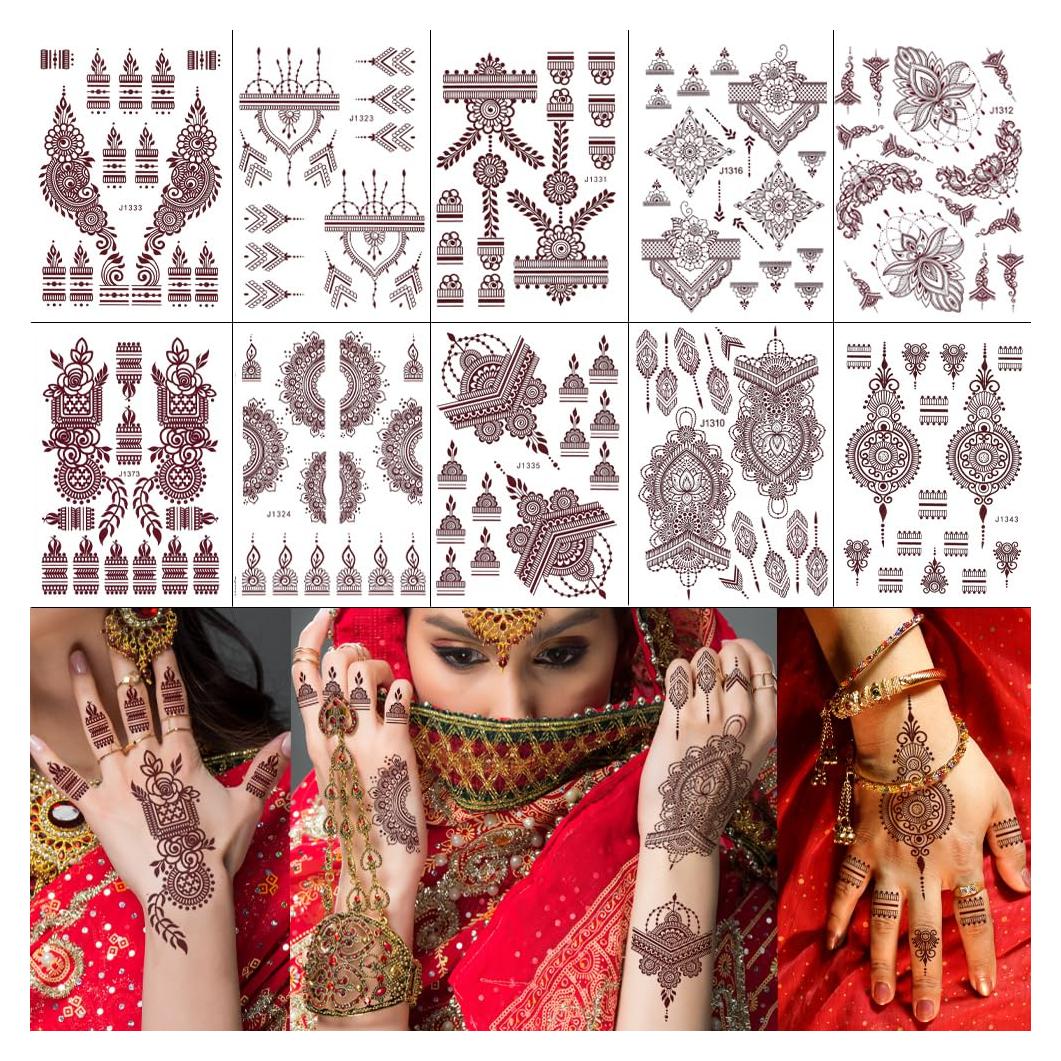 10 Hojas Tatuajes Temporales Henna Marrón PPVWEY - Fáciles de Usar