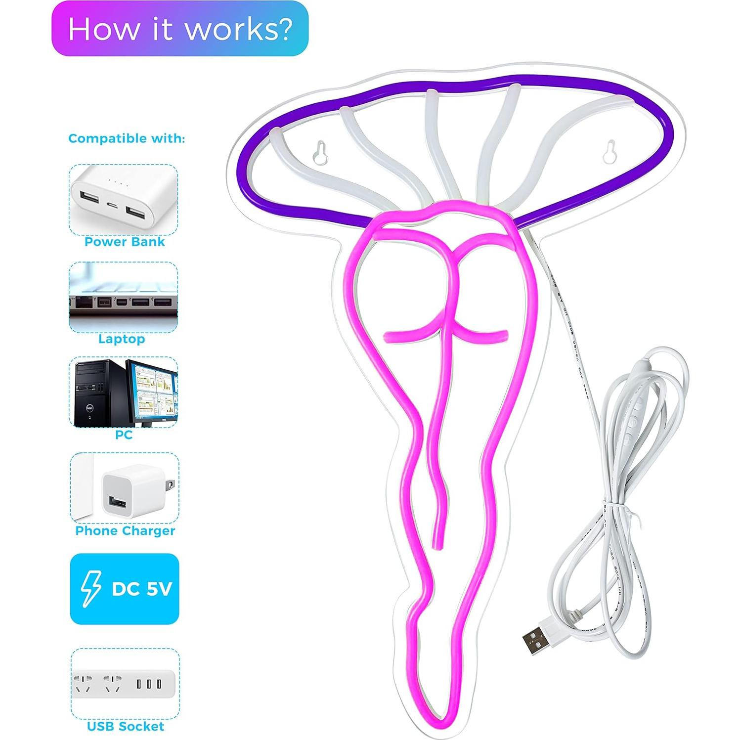 Luz de Noche LED Neón Hongo Dama Artlast 40x26cm USB