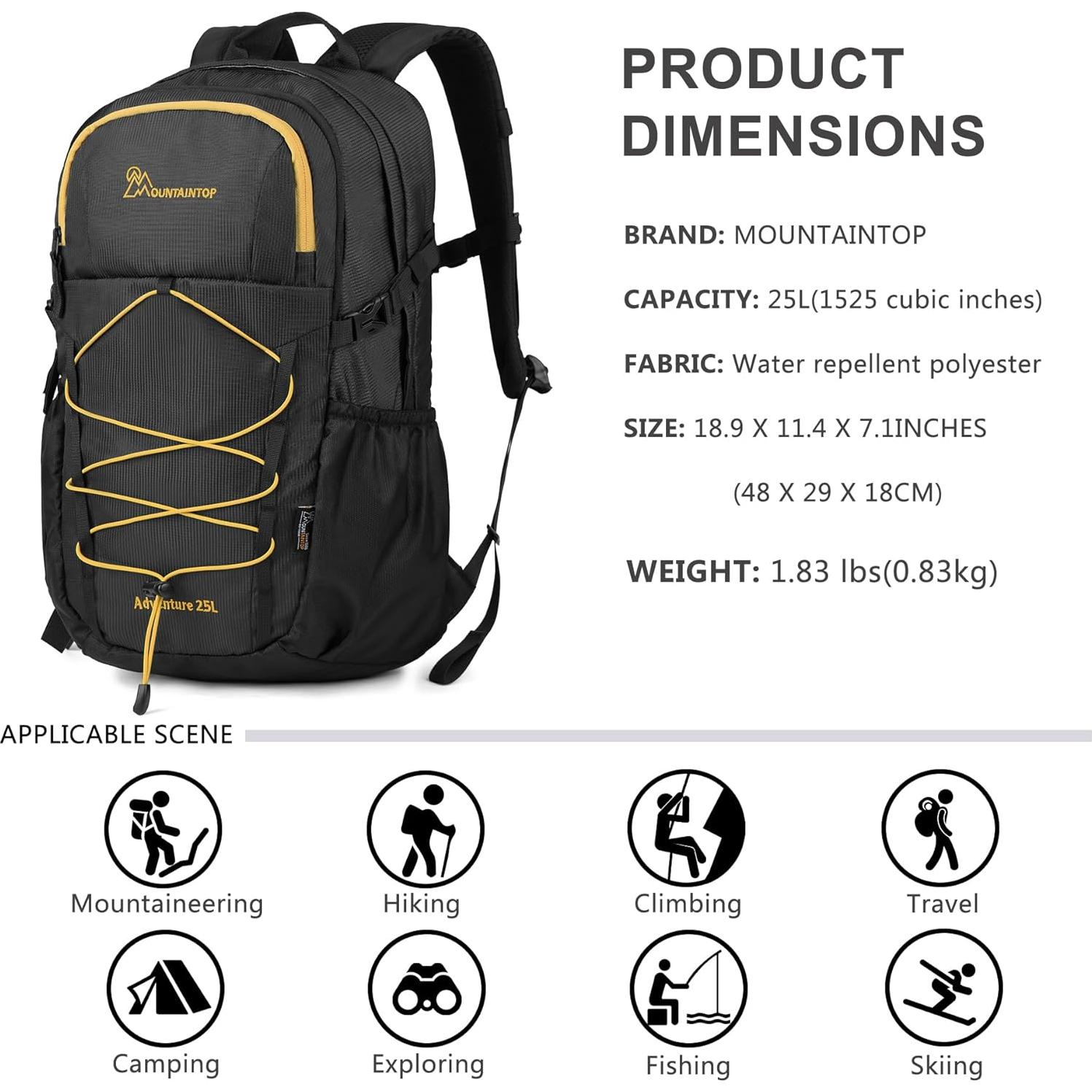 Mochila de Senderismo MOUNTAINTOP 25L Negra para Hombres y Mujeres