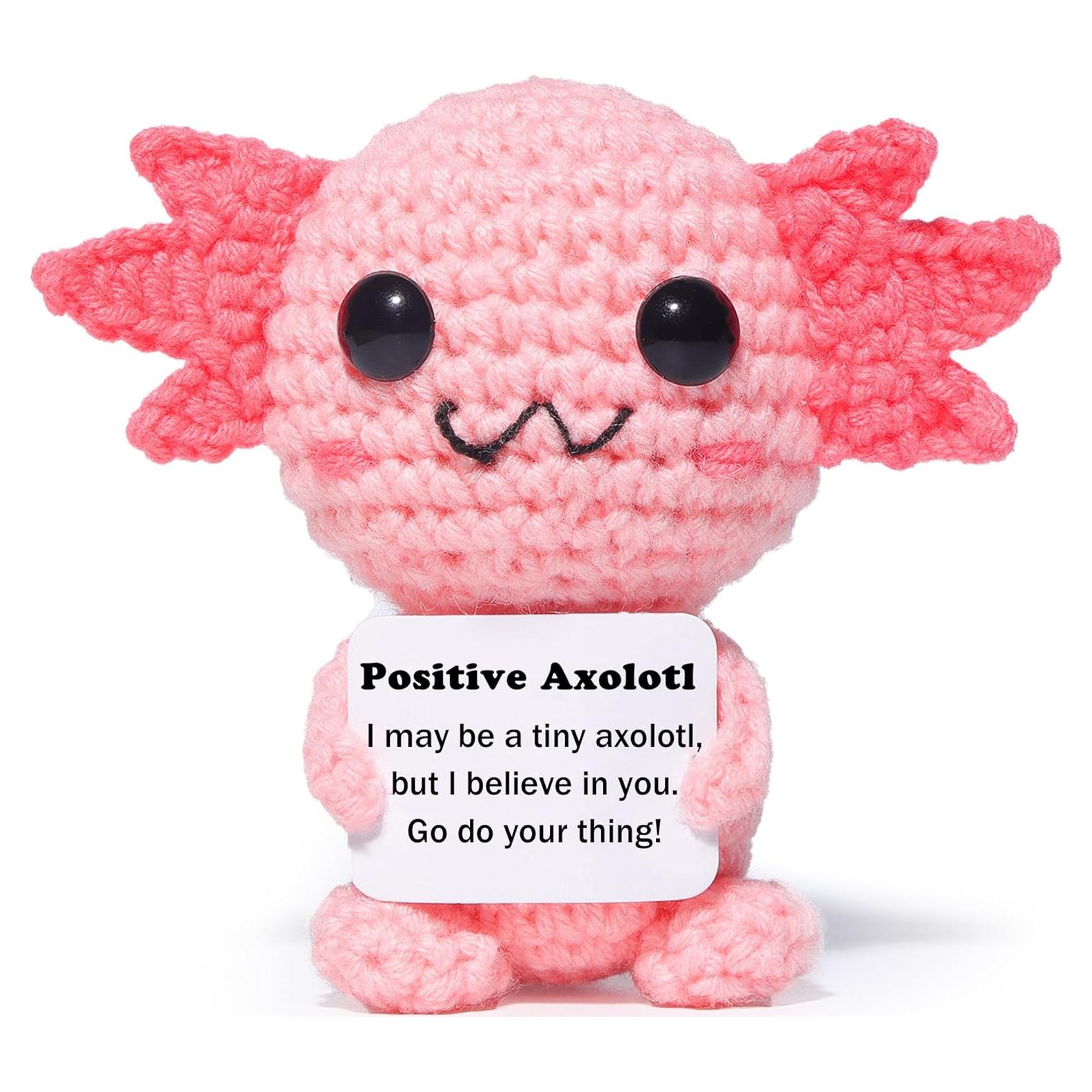 Mini Funny Positive Axolotl, Knitted Wool Axolotl Toy with Positive Card - Creative Cute Crochet Doll Emotional Support Cheer Up Keepsake Gift for Friends, Women, Student, Christmas (Axolotl)