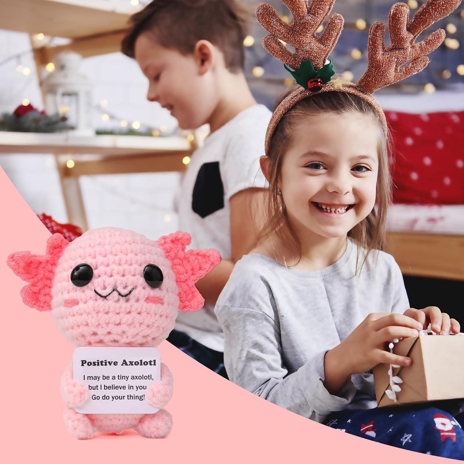 Mini Funny Positive Axolotl, Knitted Wool Axolotl Toy with Positive Card - Creative Cute Crochet Doll Emotional Support Cheer Up Keepsake Gift for Friends, Women, Student, Christmas (Axolotl)