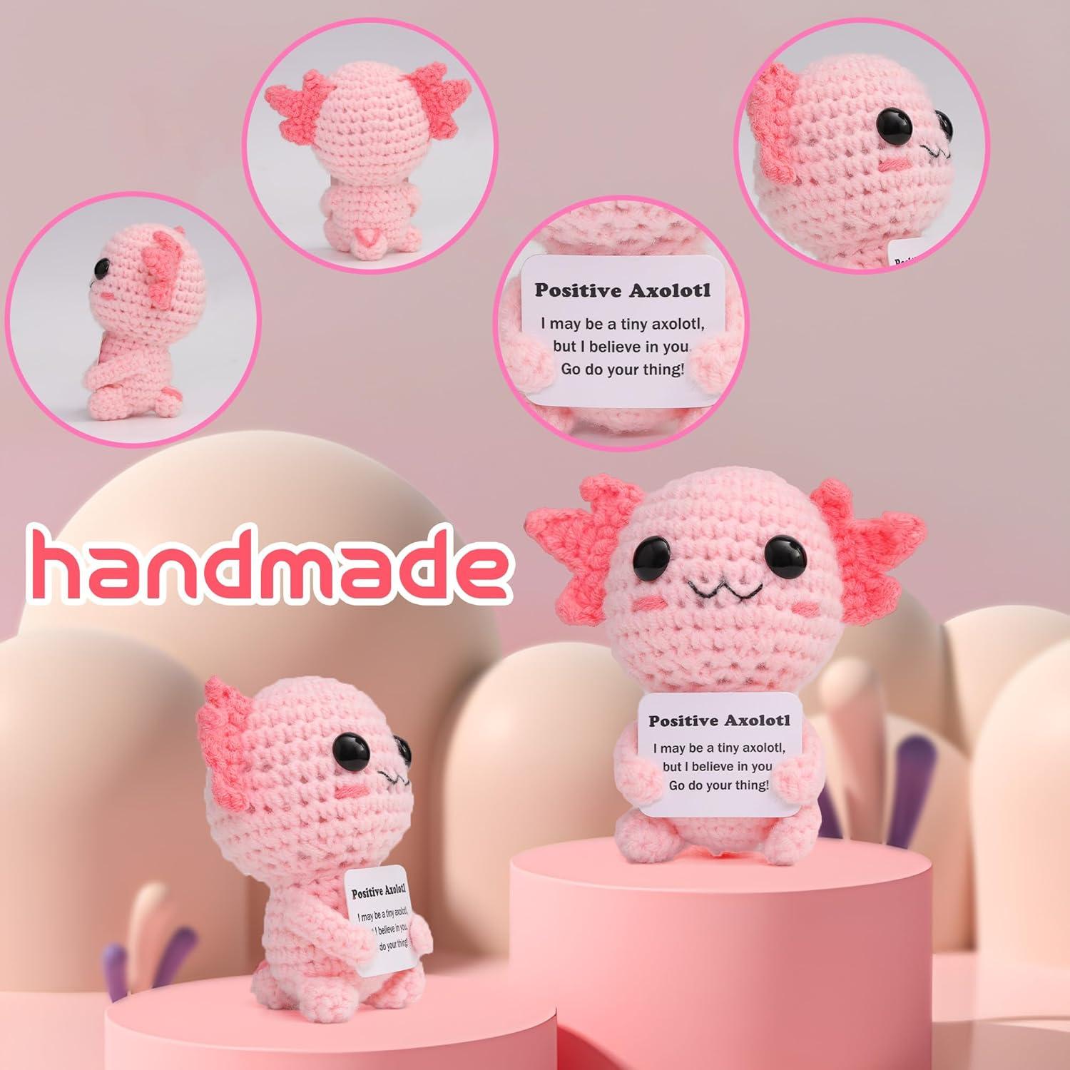 Mini Funny Positive Axolotl, Knitted Wool Axolotl Toy with Positive Card - Creative Cute Crochet Doll Emotional Support Cheer Up Keepsake Gift for Friends, Women, Student, Christmas (Axolotl)