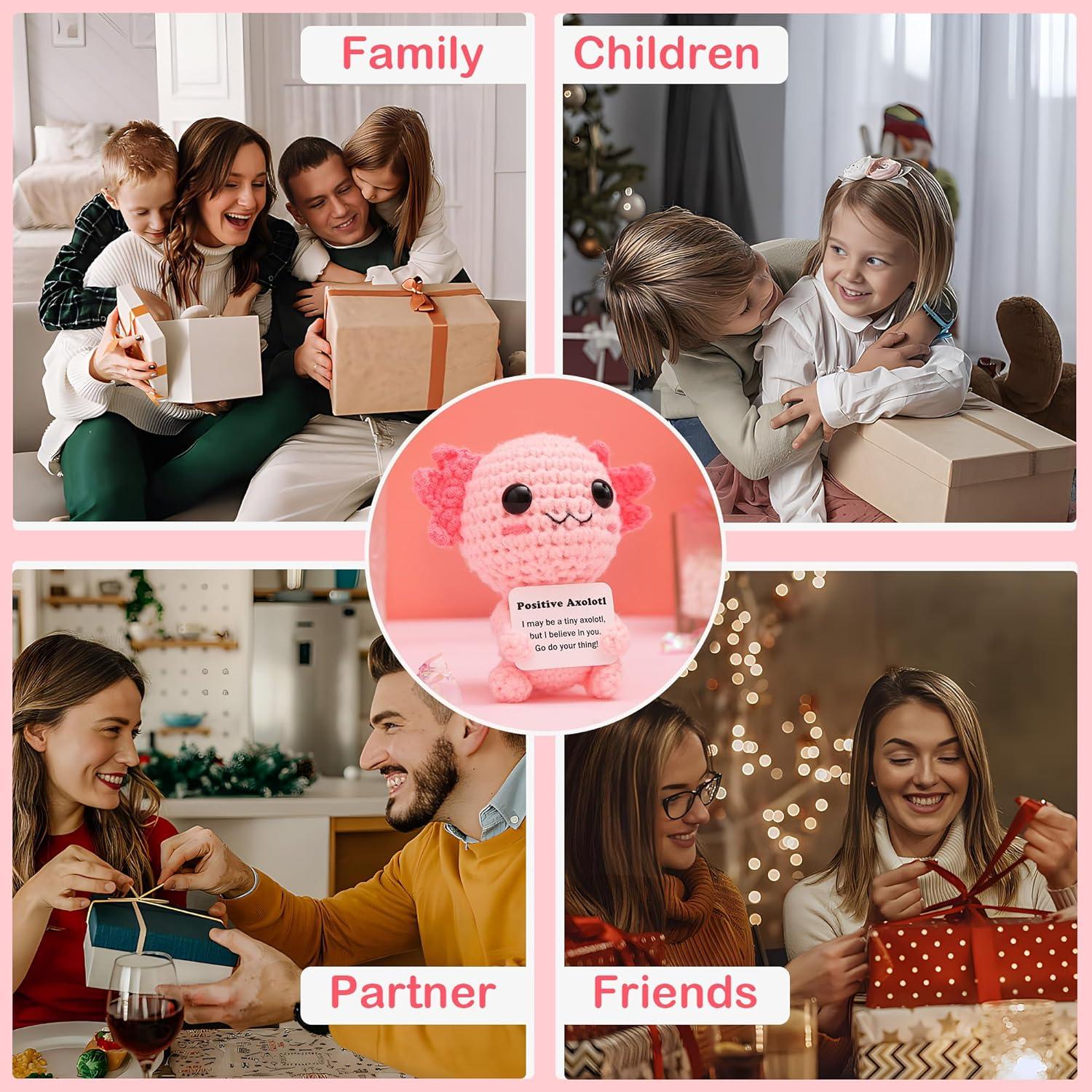 Mini Funny Positive Axolotl, Knitted Wool Axolotl Toy with Positive Card - Creative Cute Crochet Doll Emotional Support Cheer Up Keepsake Gift for Friends, Women, Student, Christmas (Axolotl)