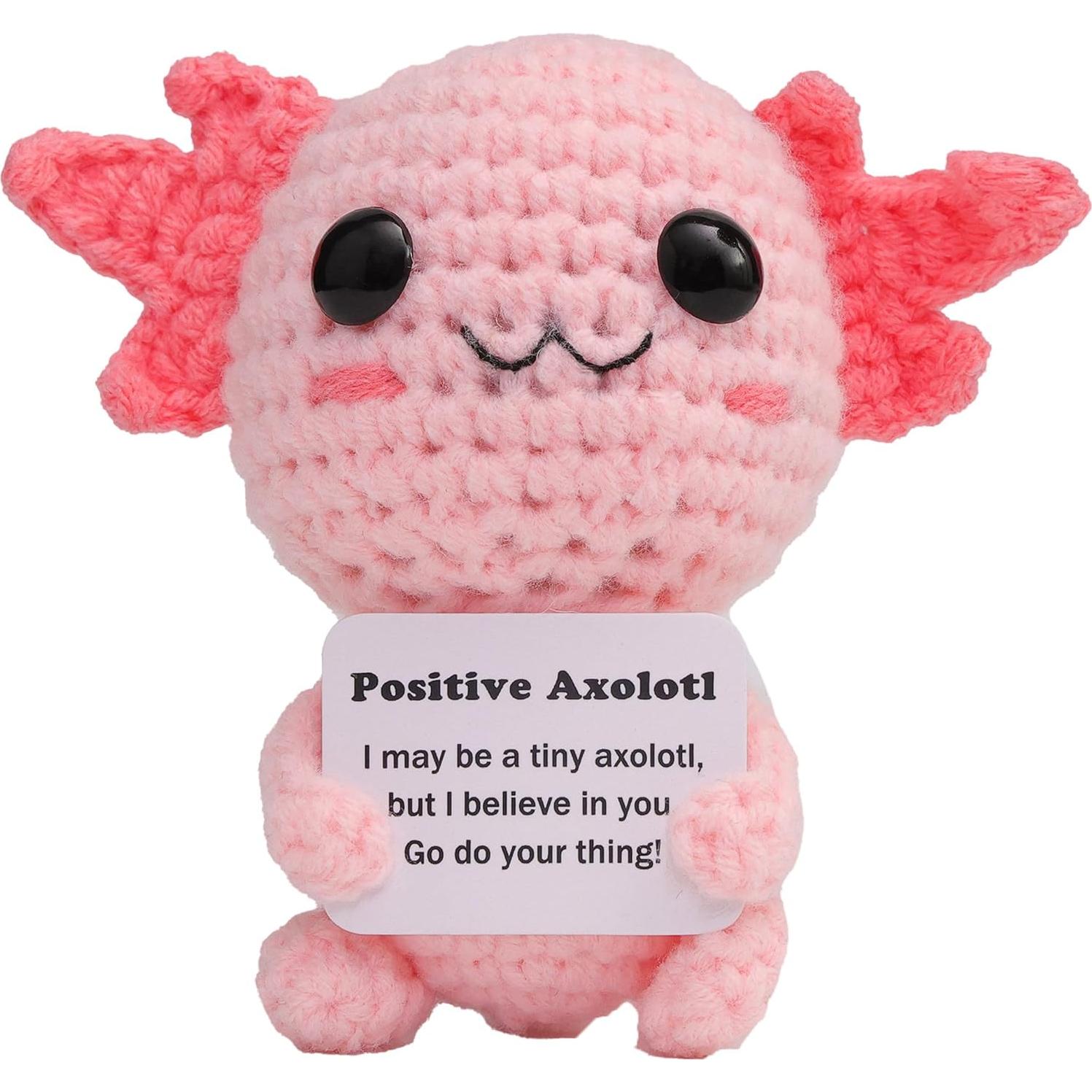 Mini Funny Positive Axolotl, Knitted Wool Axolotl Toy with Positive Card - Creative Cute Crochet Doll Emotional Support Cheer Up Keepsake Gift for Friends, Women, Student, Christmas (Axolotl)