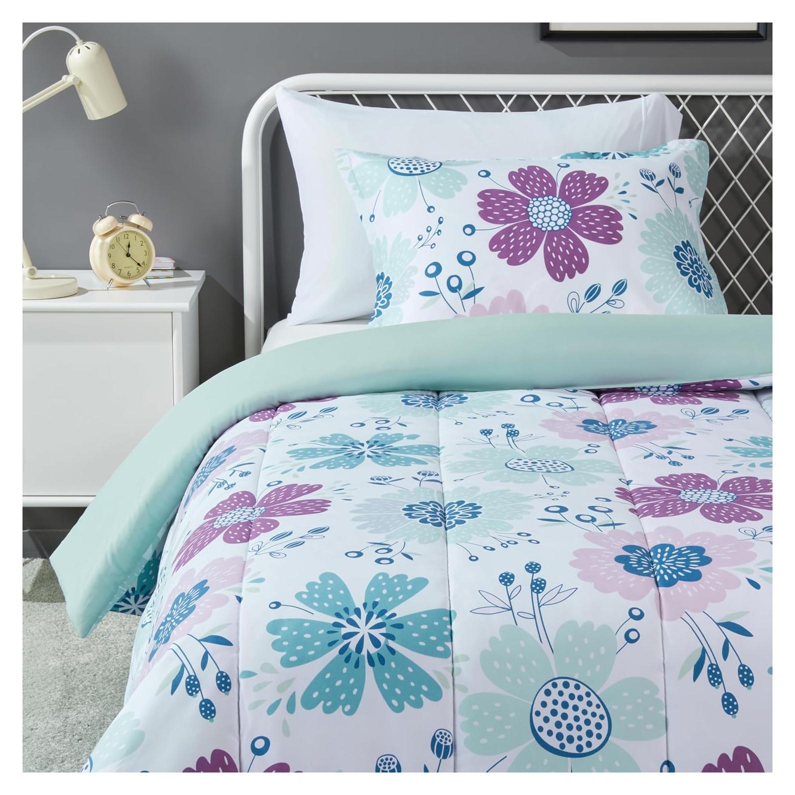 Juego de Edredón Individual Amazon Basics Floral Rosa Azulado