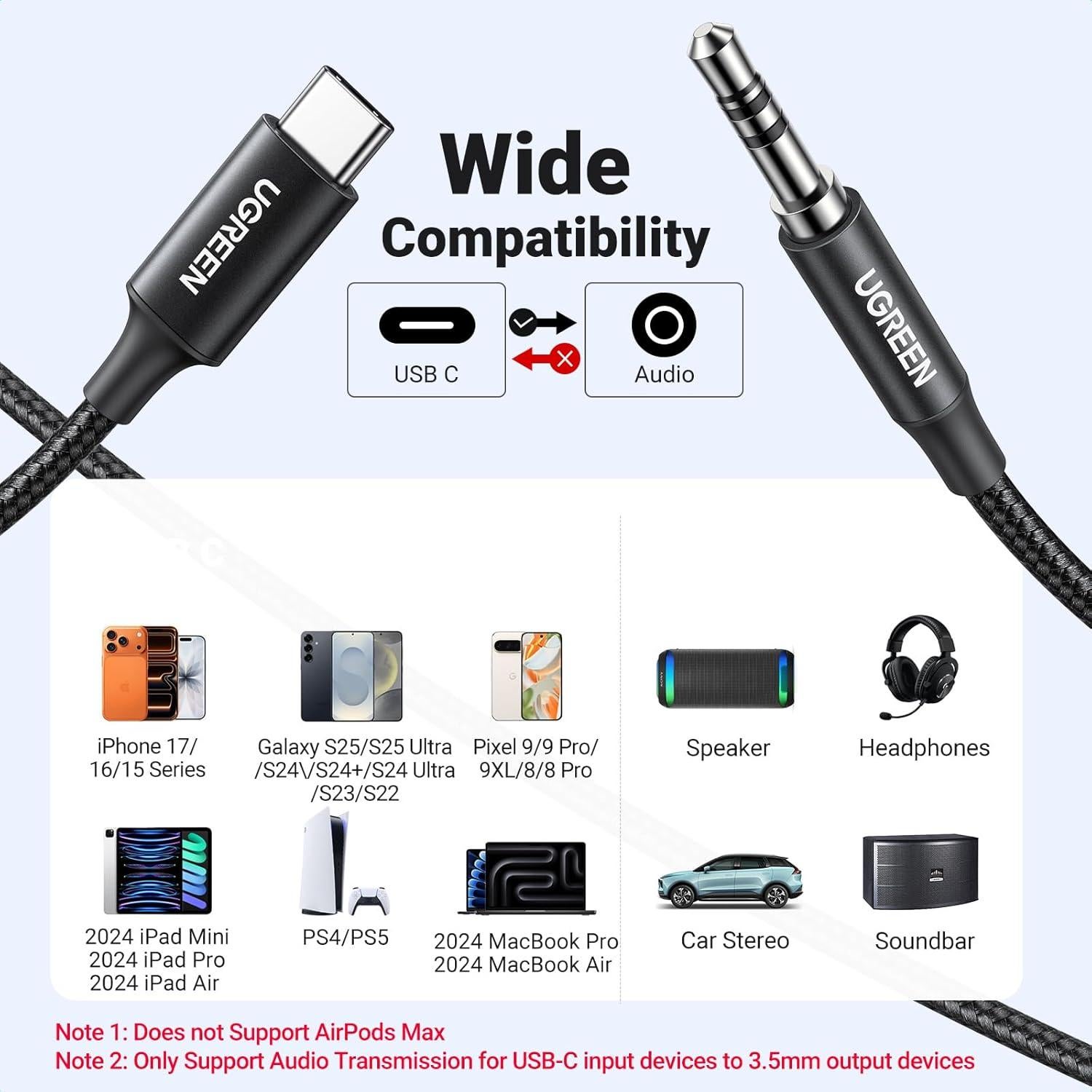 UGREEN Adaptador USB C a 3.5mm Audio Hi-Fi 1.0m Negro