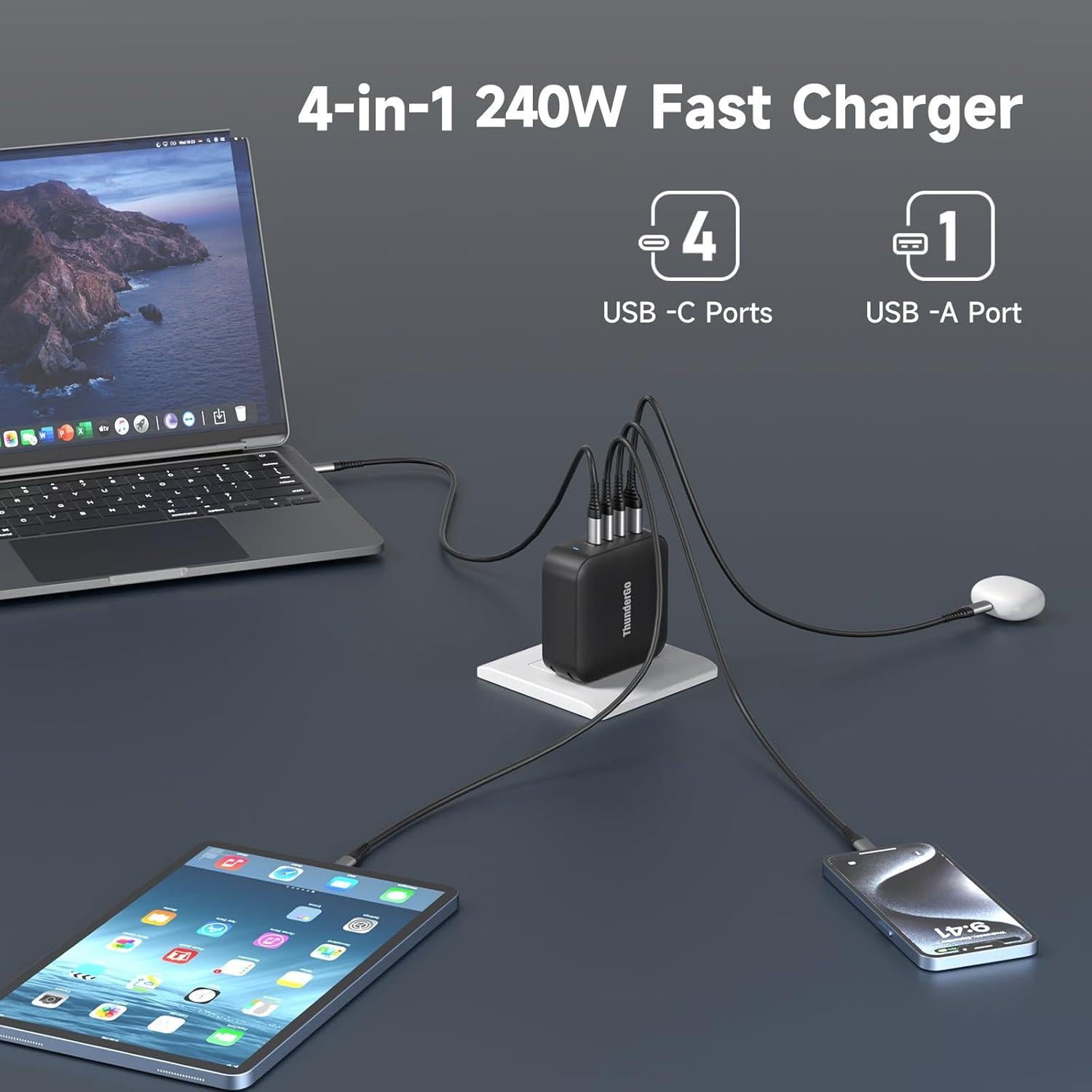 Cargador GaN 240W Vina PD-120, Estación Carga 4 Puertos USB-C