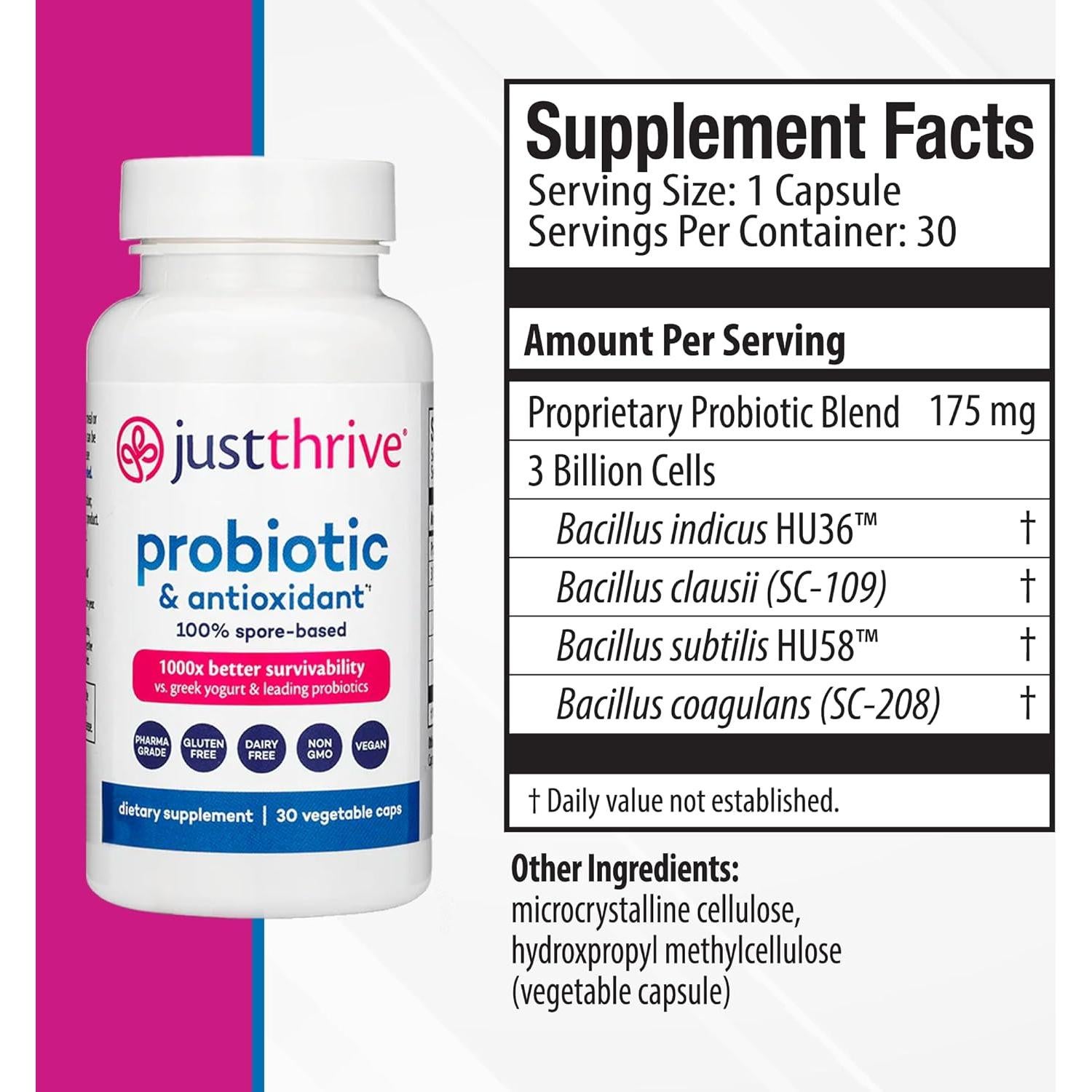 Suplemento Probiotico Just Thrive 30 Cápsulas - Antioxidante y Digestivo