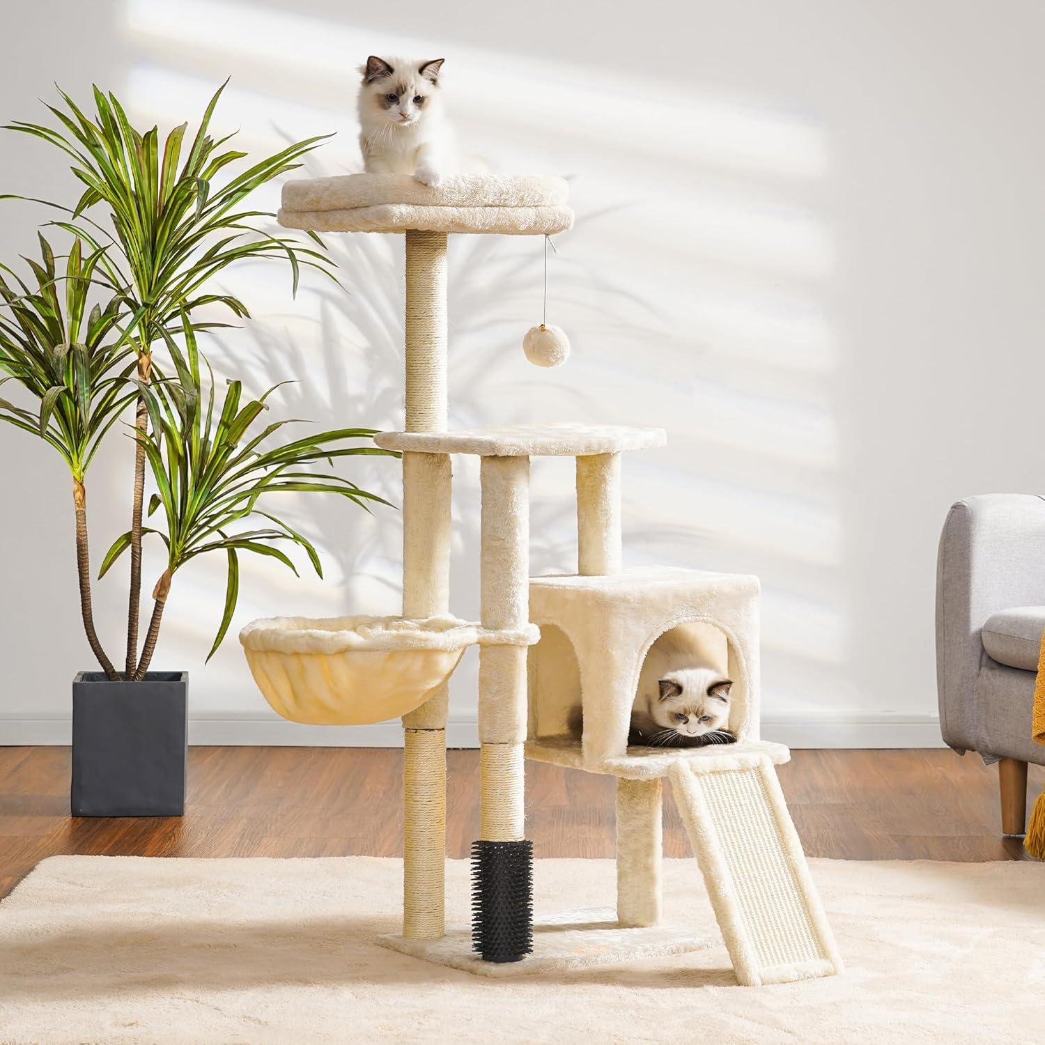 Árbol para Gatos Heybly 129.54 cm Beige con Cepillo y Juguete