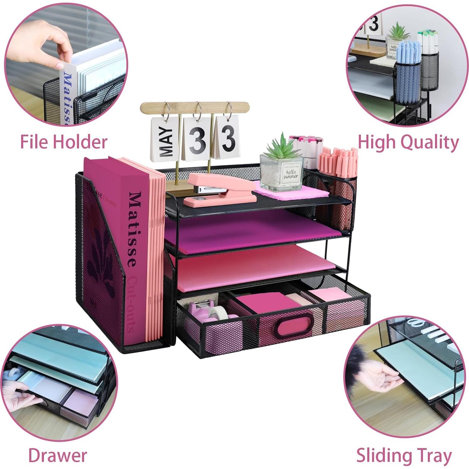 Organizador de Escritorio Ideallife 4 Niveles Negro con Cajón