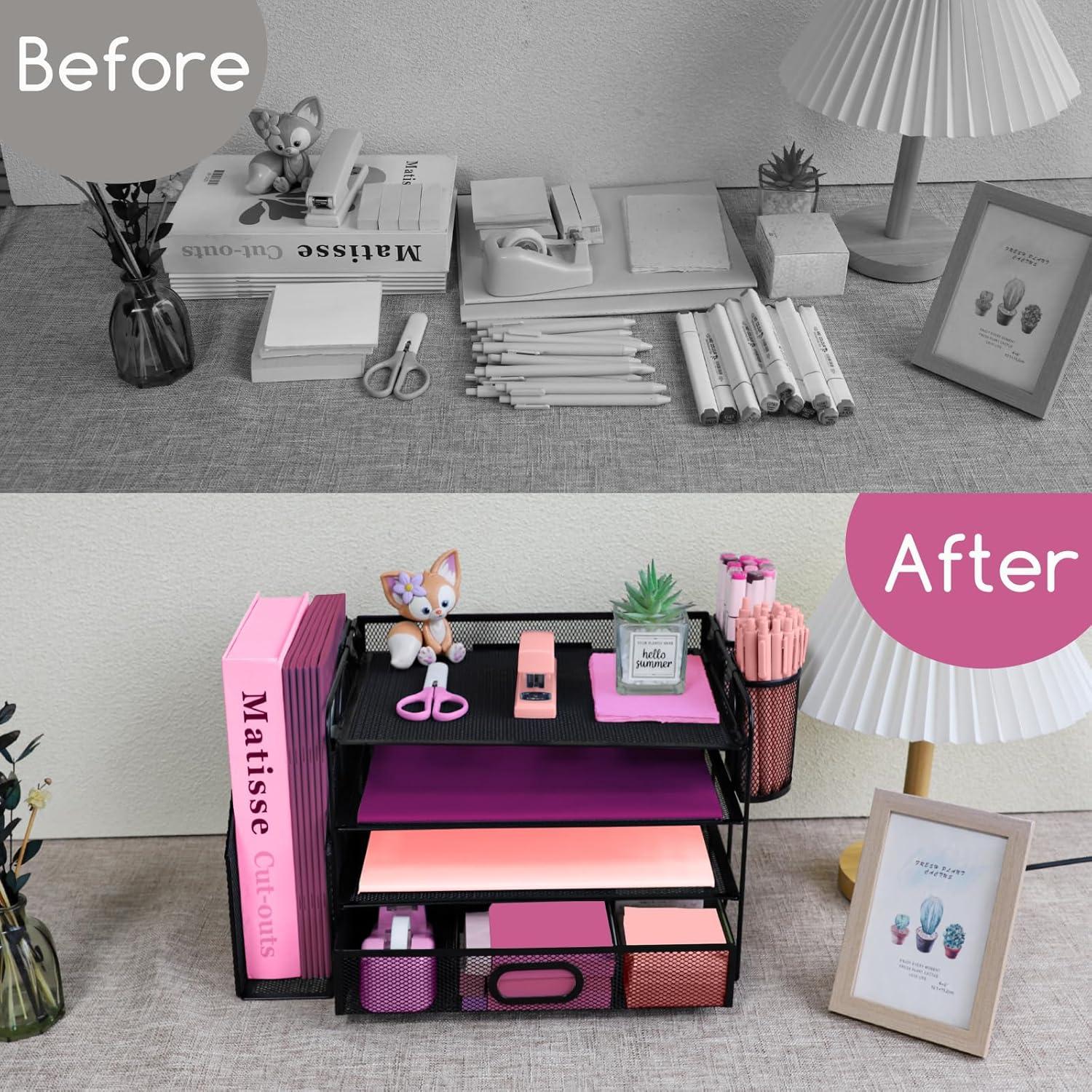 Organizador de Escritorio Ideallife 4 Niveles Negro con Cajón