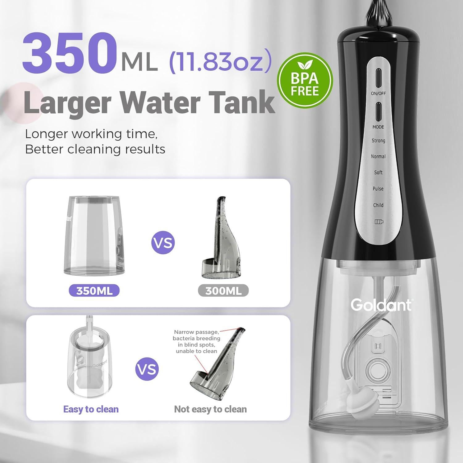 Hilo Dental de Agua Goldant 350ML Inalámbrico IPX7 Negro