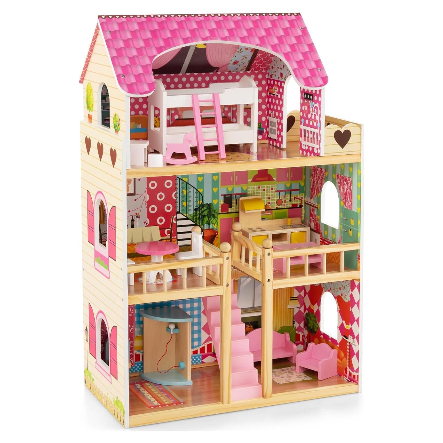 Casa de Muñecas de Madera HONEY JOY Rosa 3 Pisos 15 Accesorios