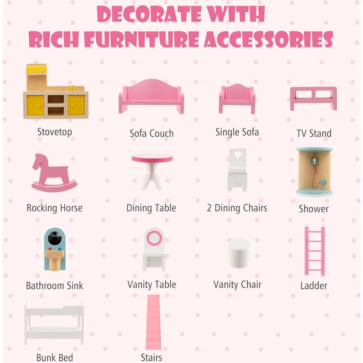 Casa de Muñecas de Madera HONEY JOY Rosa 3 Pisos 15 Accesorios