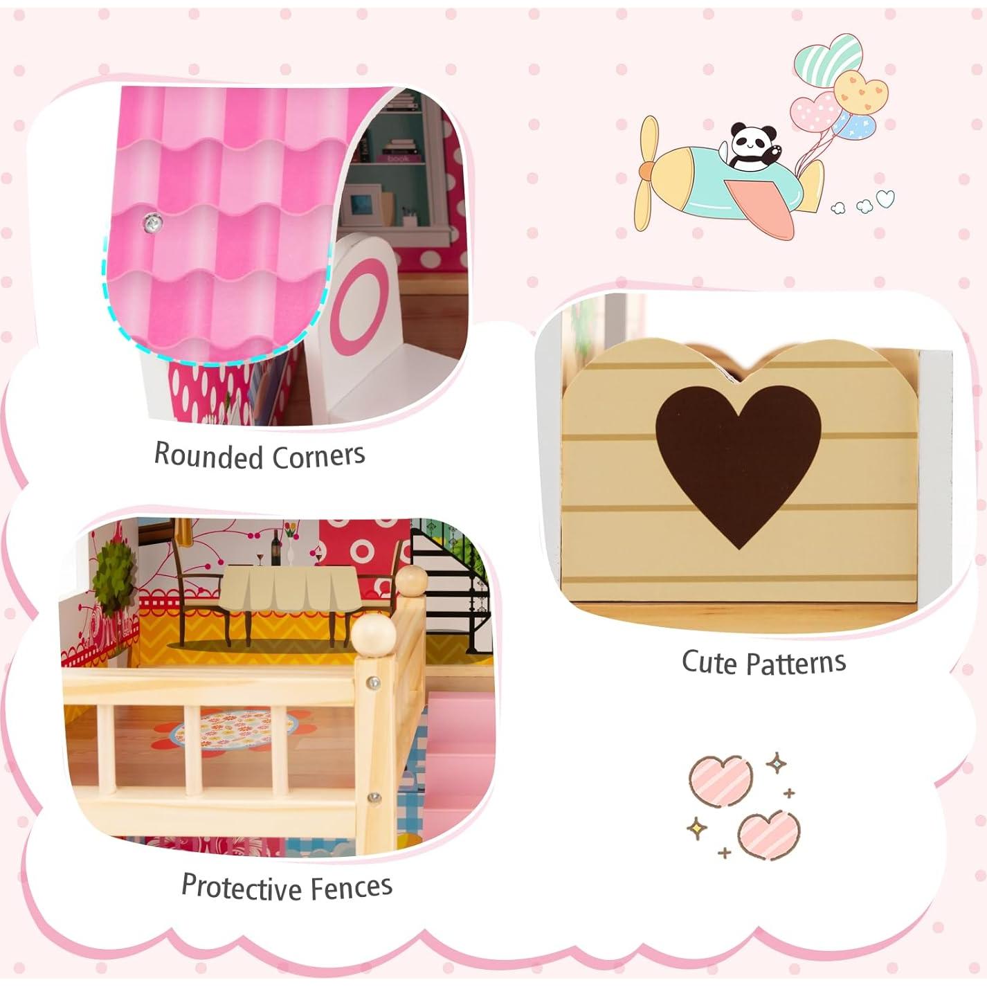 Casa de Muñecas de Madera HONEY JOY Rosa 3 Pisos 15 Accesorios