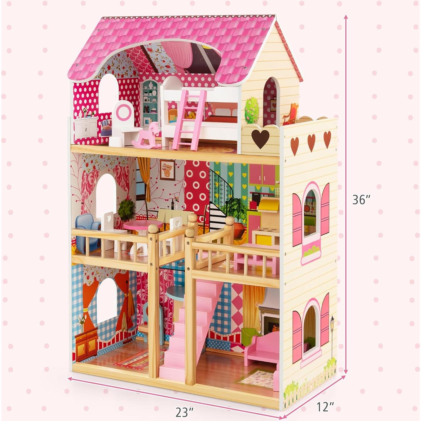 Casa de Muñecas de Madera HONEY JOY Rosa 3 Pisos 15 Accesorios