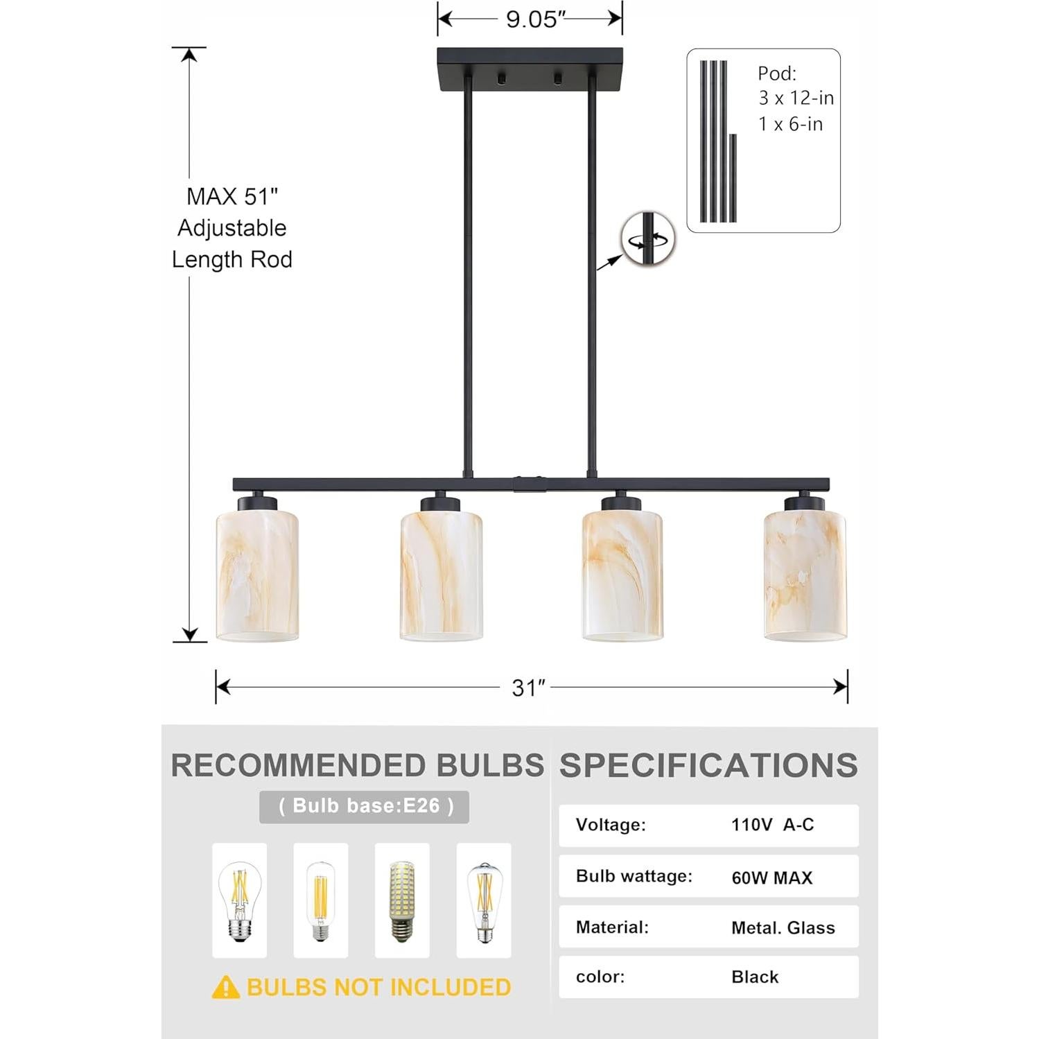Lámpara colgante RAINLIGHTING 4 luces negro cristal 78.74cm