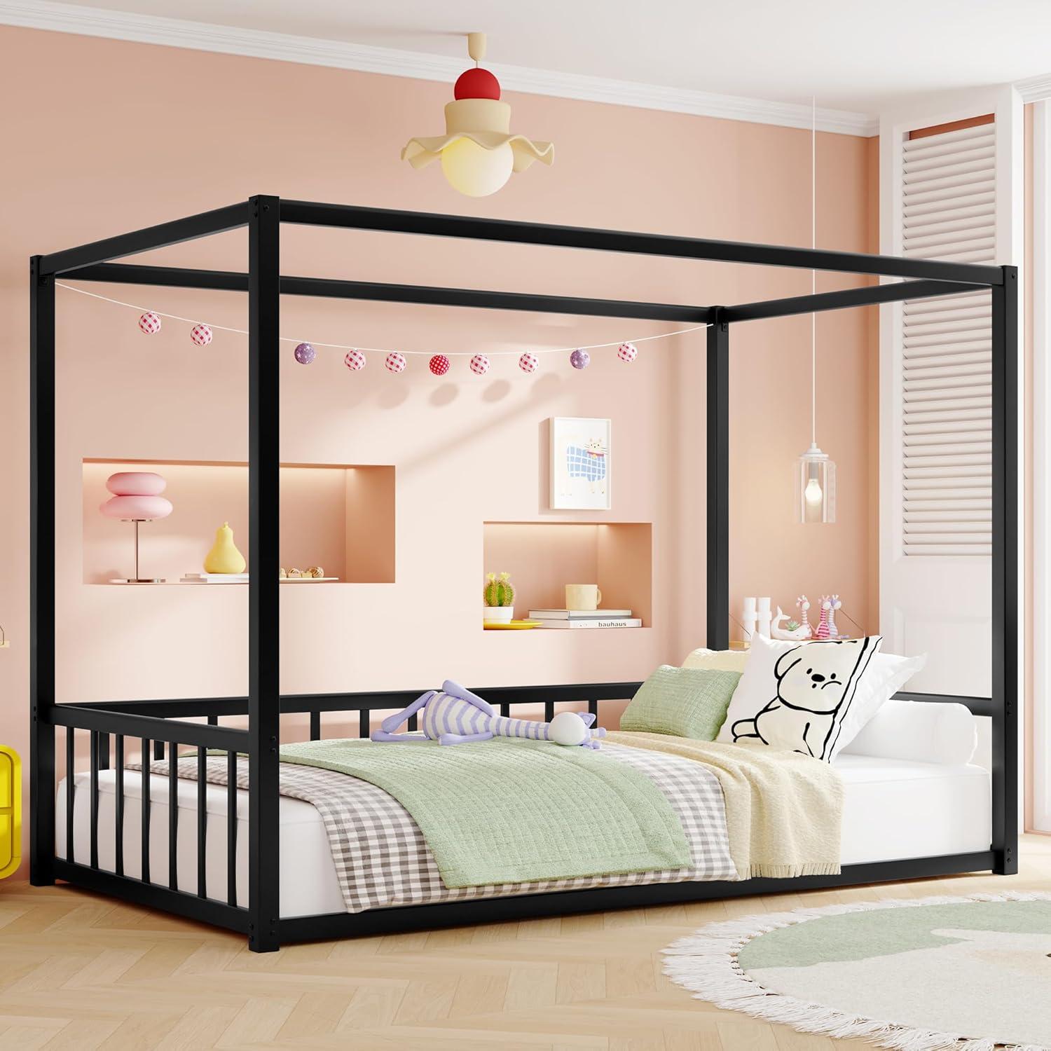 Cama de Piso Twin KEIKI con Dosel y Barandillas de Seguridad