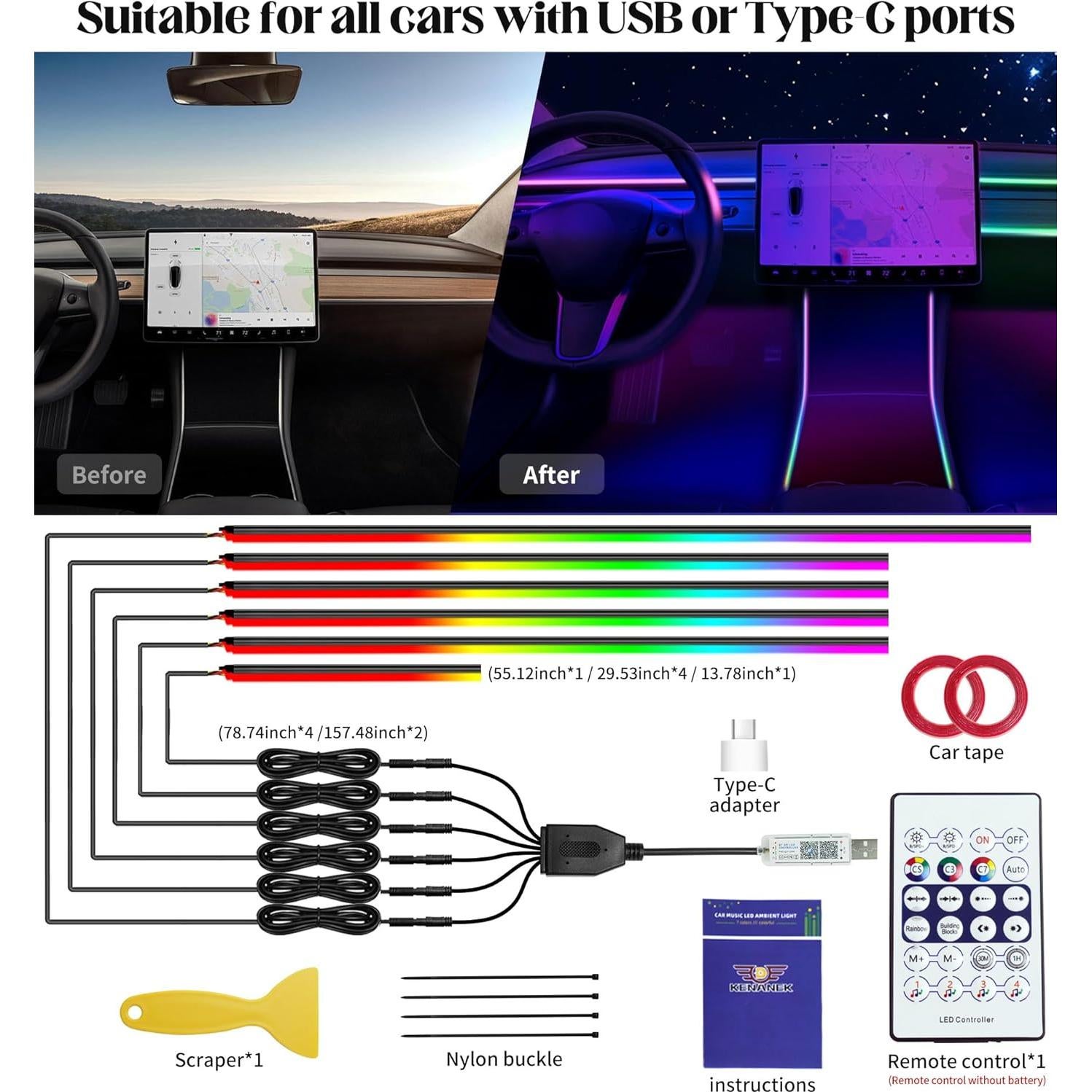 Kit de Luces LED Ambientales KENANEK 6 en 1 USB Tipo C 187 cm