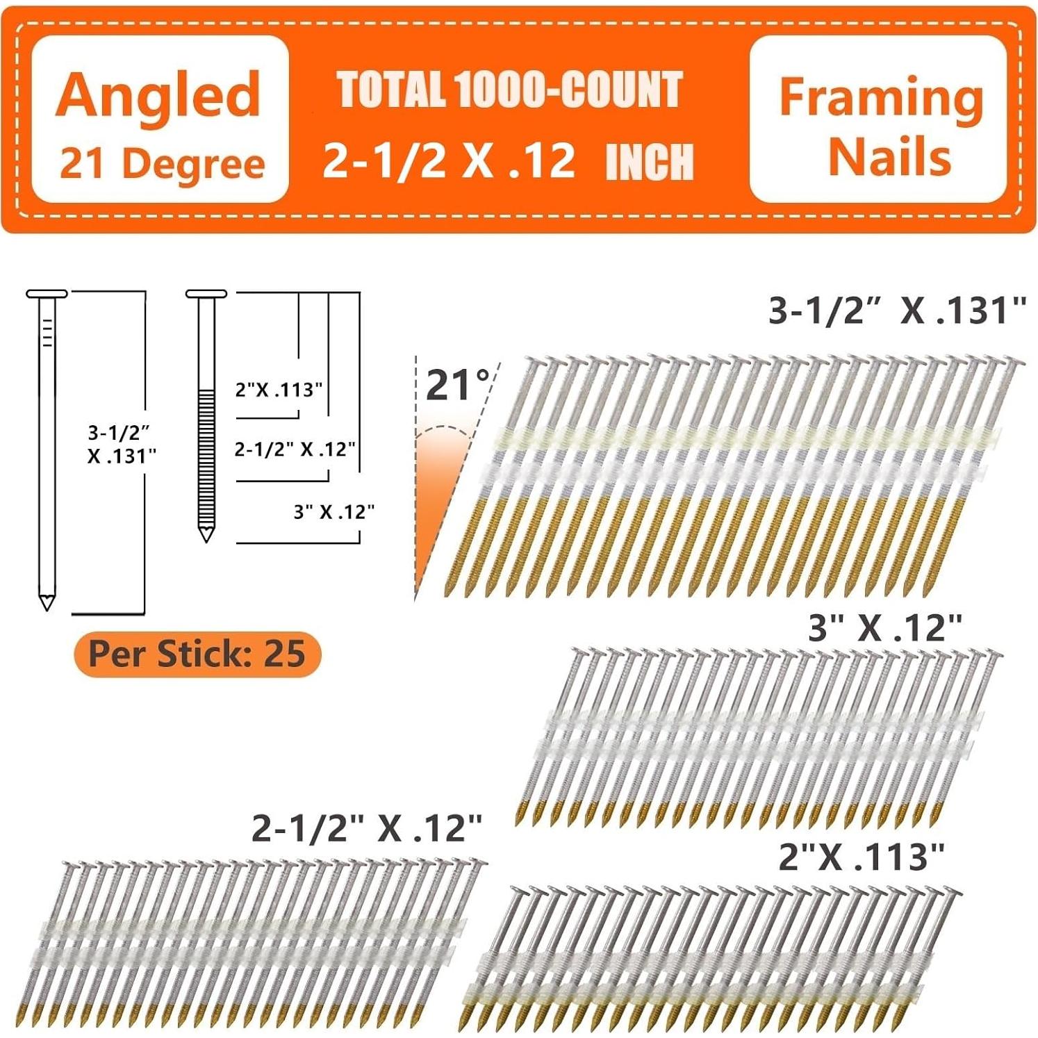 Clavos de Enmarcado Galvanizados 2.5" 700 Pcs para Clavadora
