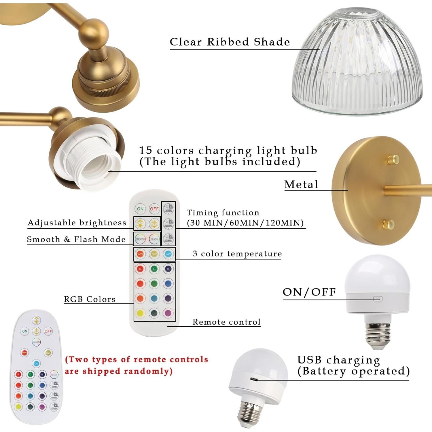 Aplique de pared recargable Phansthy vintage 1 luz USB 23cm