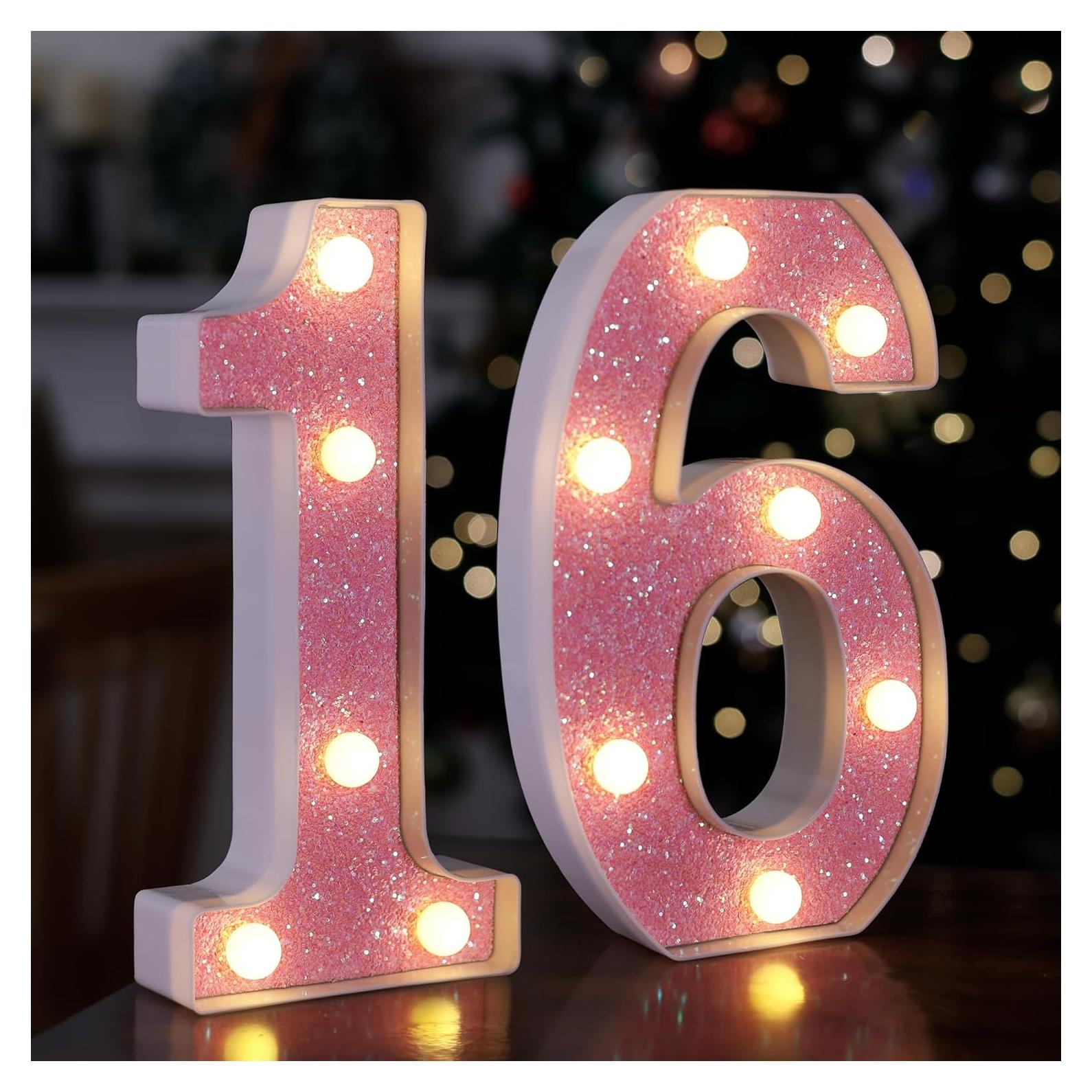 Números Iluminados LED Rosa Brillante 16 - Decoración Cumpleaños