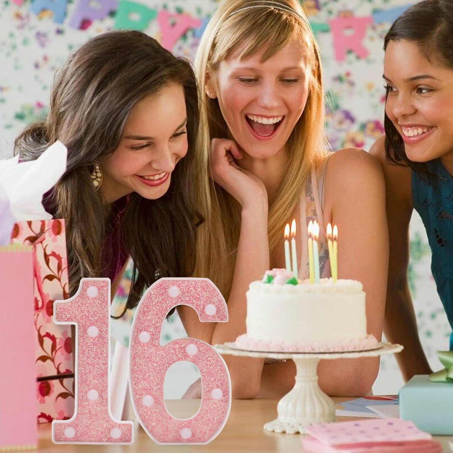 Números Iluminados LED Rosa Brillante 16 - Decoración Cumpleaños
